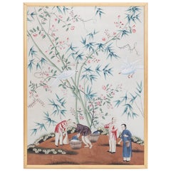 Chinese Gouache Painting with Birds, Flowers and Figures