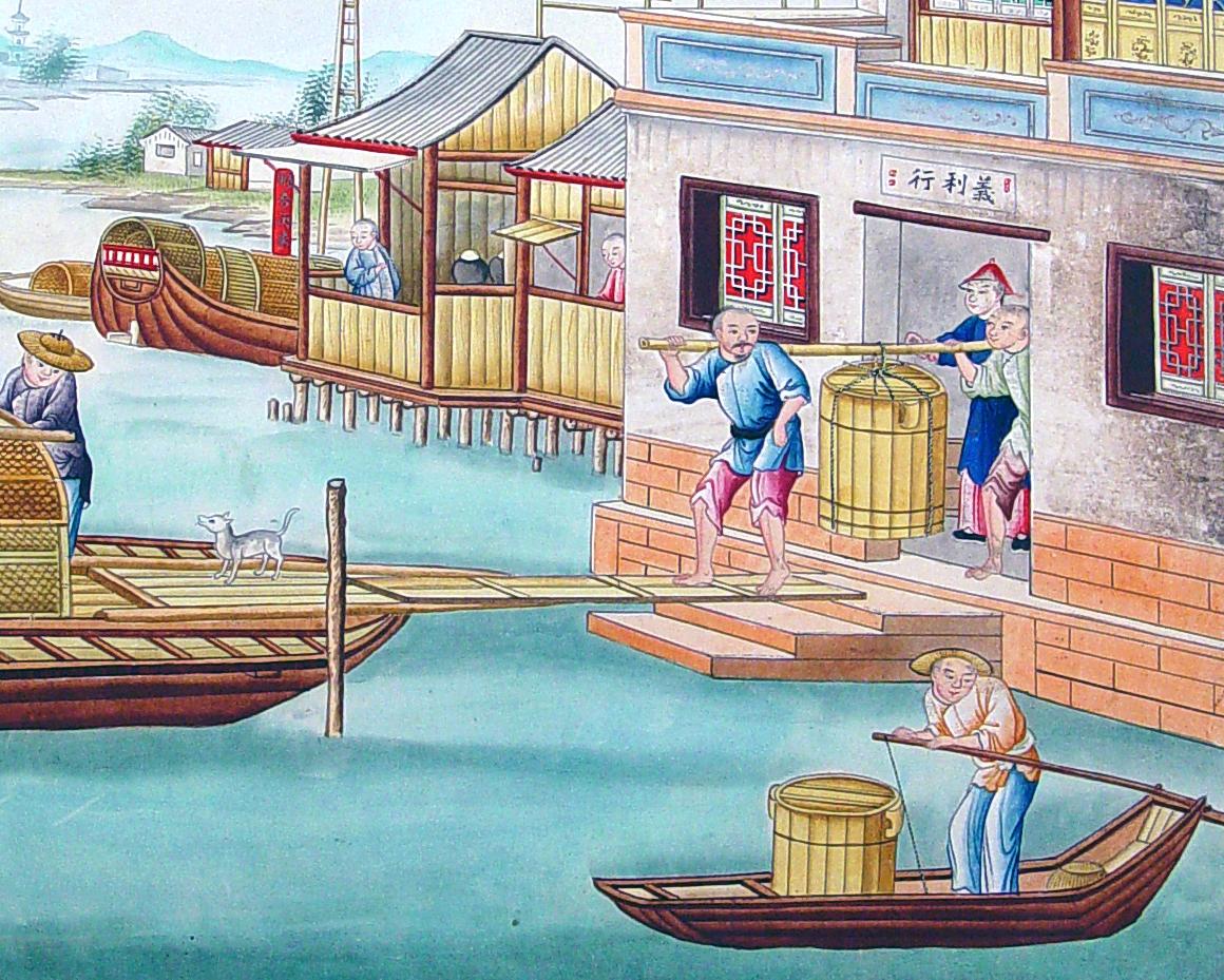 Chinese Export Chinese Gouache and Watercolour Large Painting of a Riverside Scene