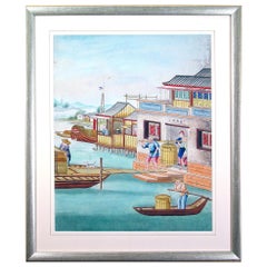 Antique Chinese Gouache and Watercolour Large Painting of a Riverside Scene