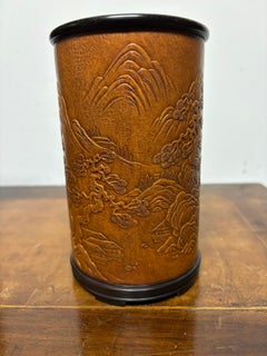 Chinese Gourd Brush Pot with Rosewood Base and Rim, Carved Landscape, c. 1900