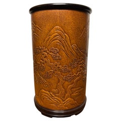 Chinese Gourd Brush Pot with Rosewood Base and Rim, Carved Landscape, c. 1900