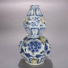 Chinese Gourd Form Blue and White Art Pottery Vase with Carved Jade Medallions