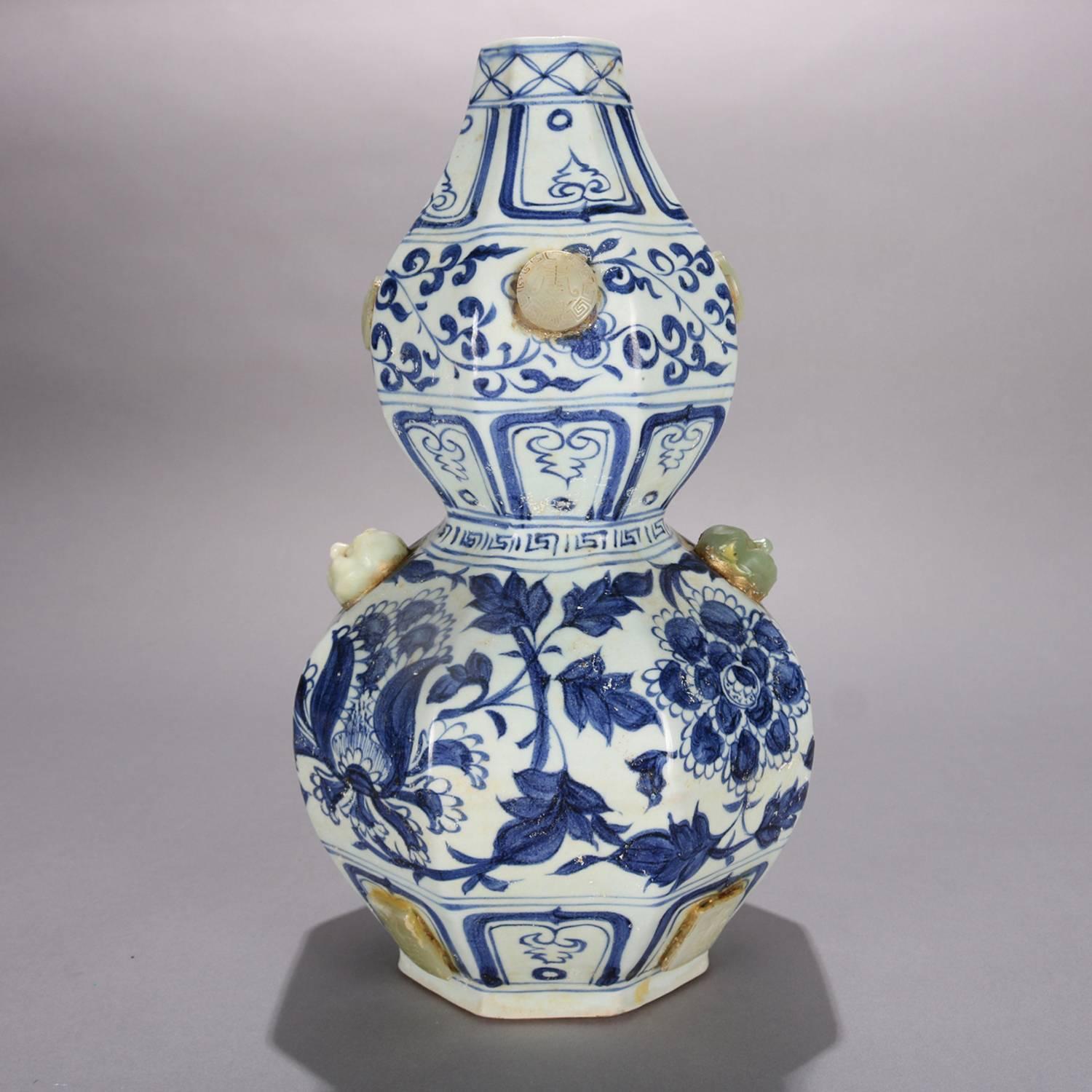 Hand-Carved Chinese Gourd Form Blue and White Art Pottery Vase with Carved Jade Medallions