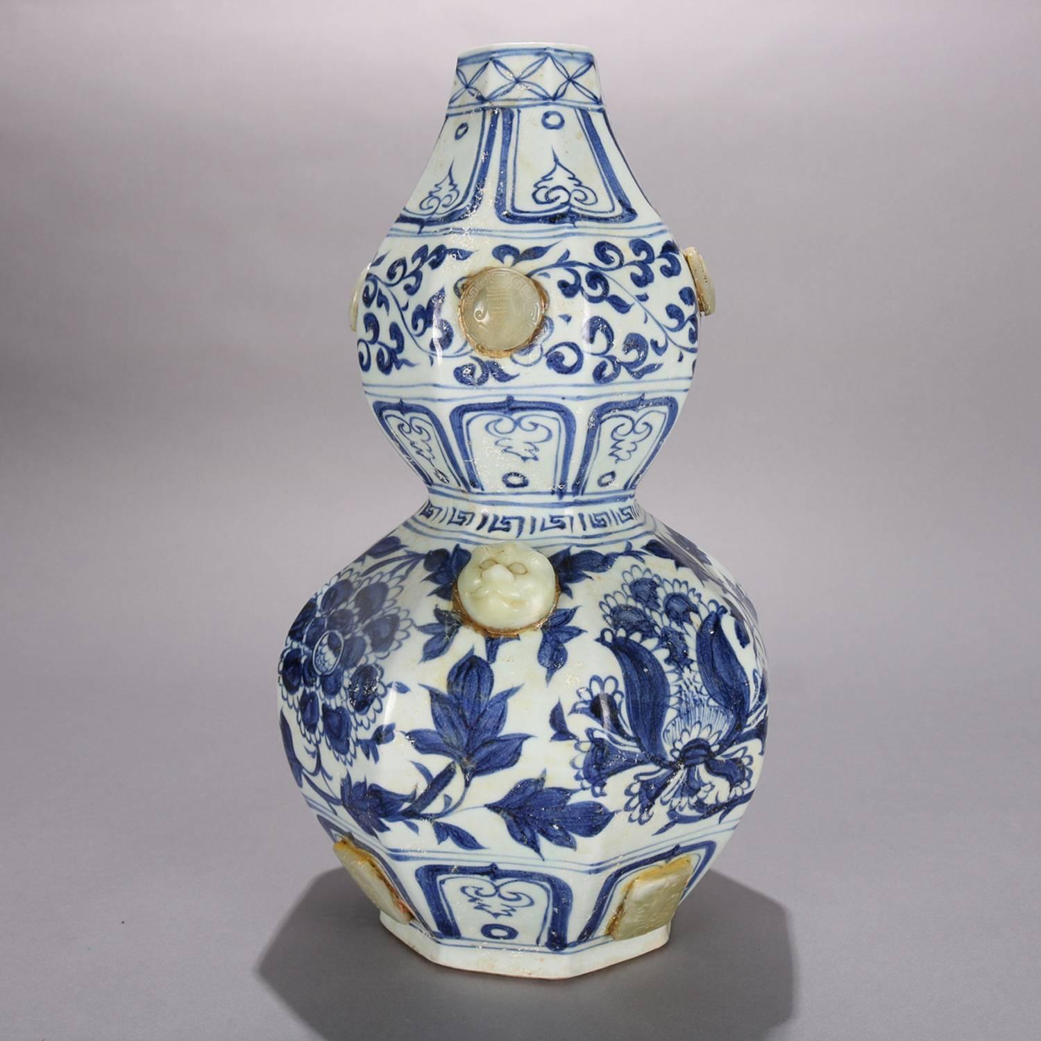 Chinese Gourd Form Blue and White Art Pottery Vase with Carved Jade Medallions In Good Condition In Big Flats, NY