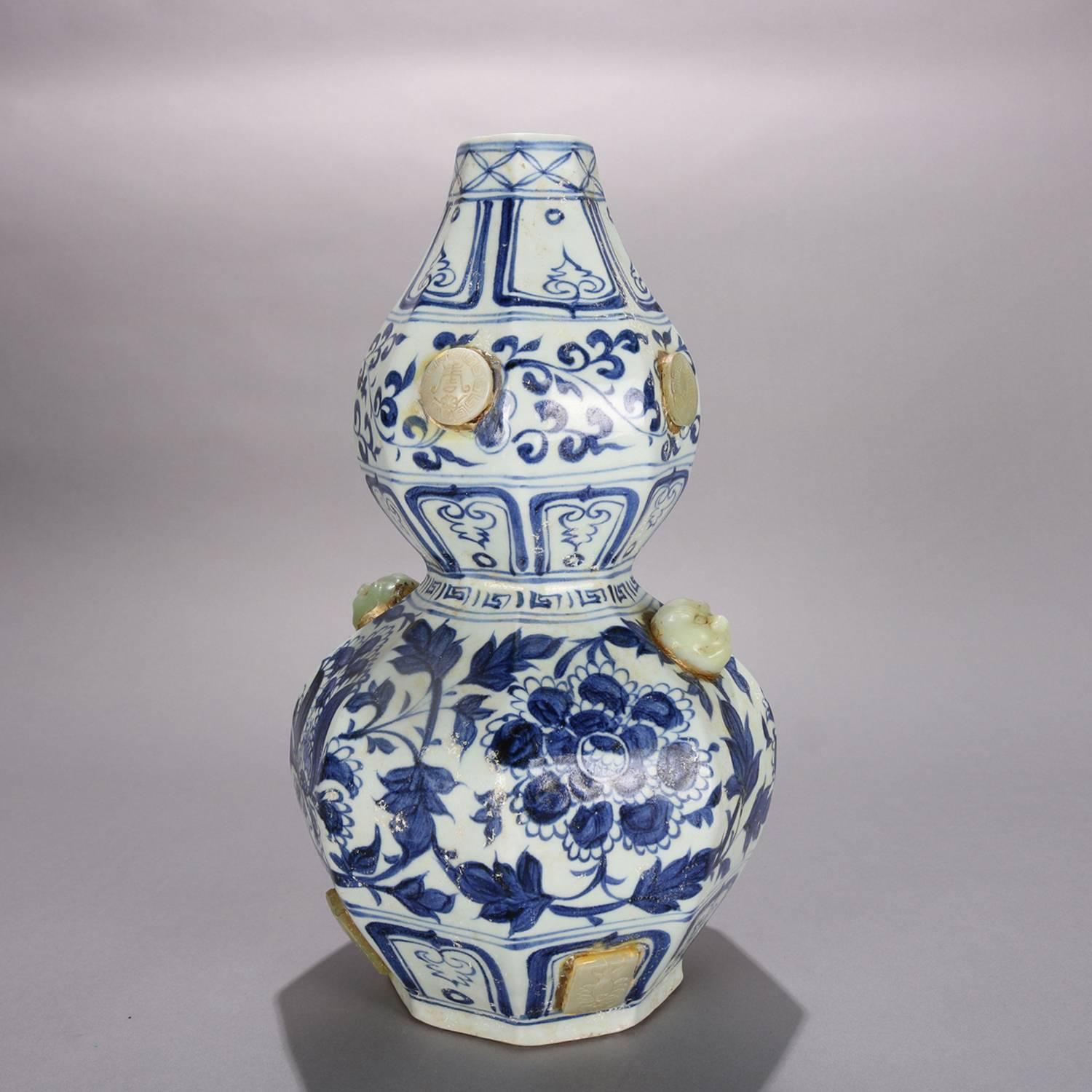 20th Century Chinese Gourd Form Blue and White Art Pottery Vase with Carved Jade Medallions