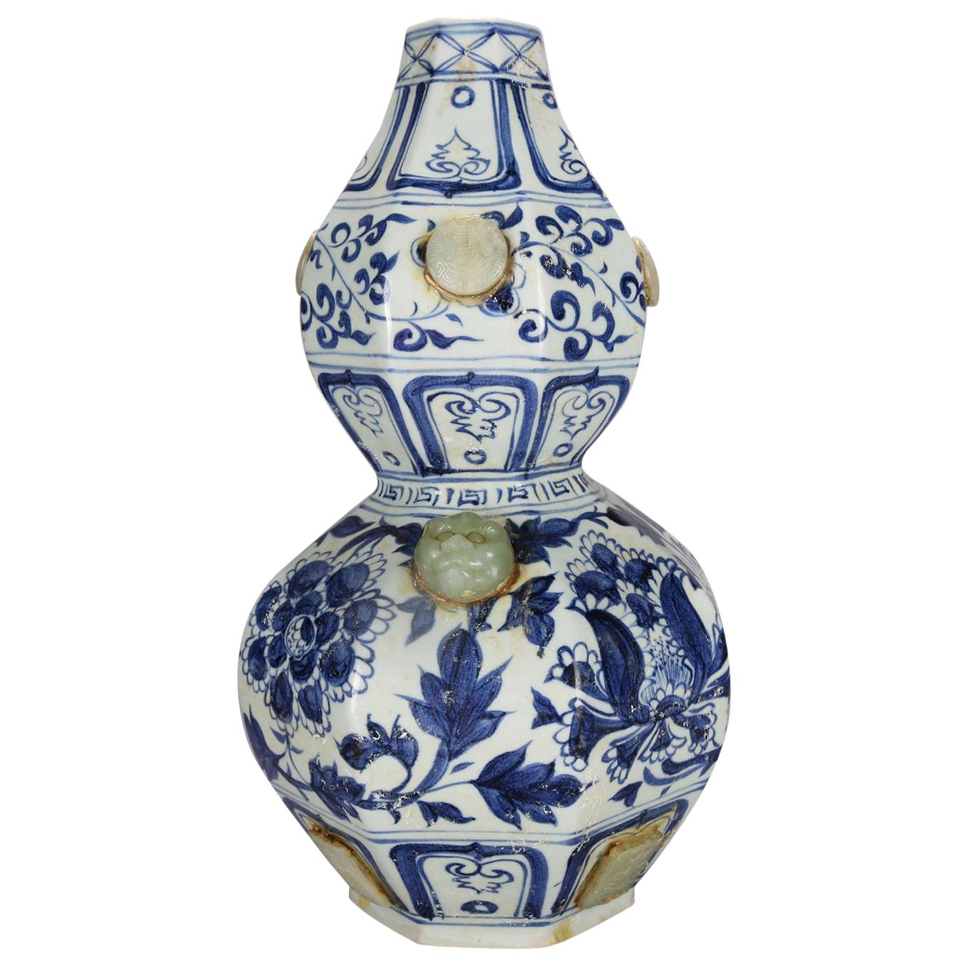 Chinese Gourd Form Blue and White Art Pottery Vase with Carved Jade Medallions
