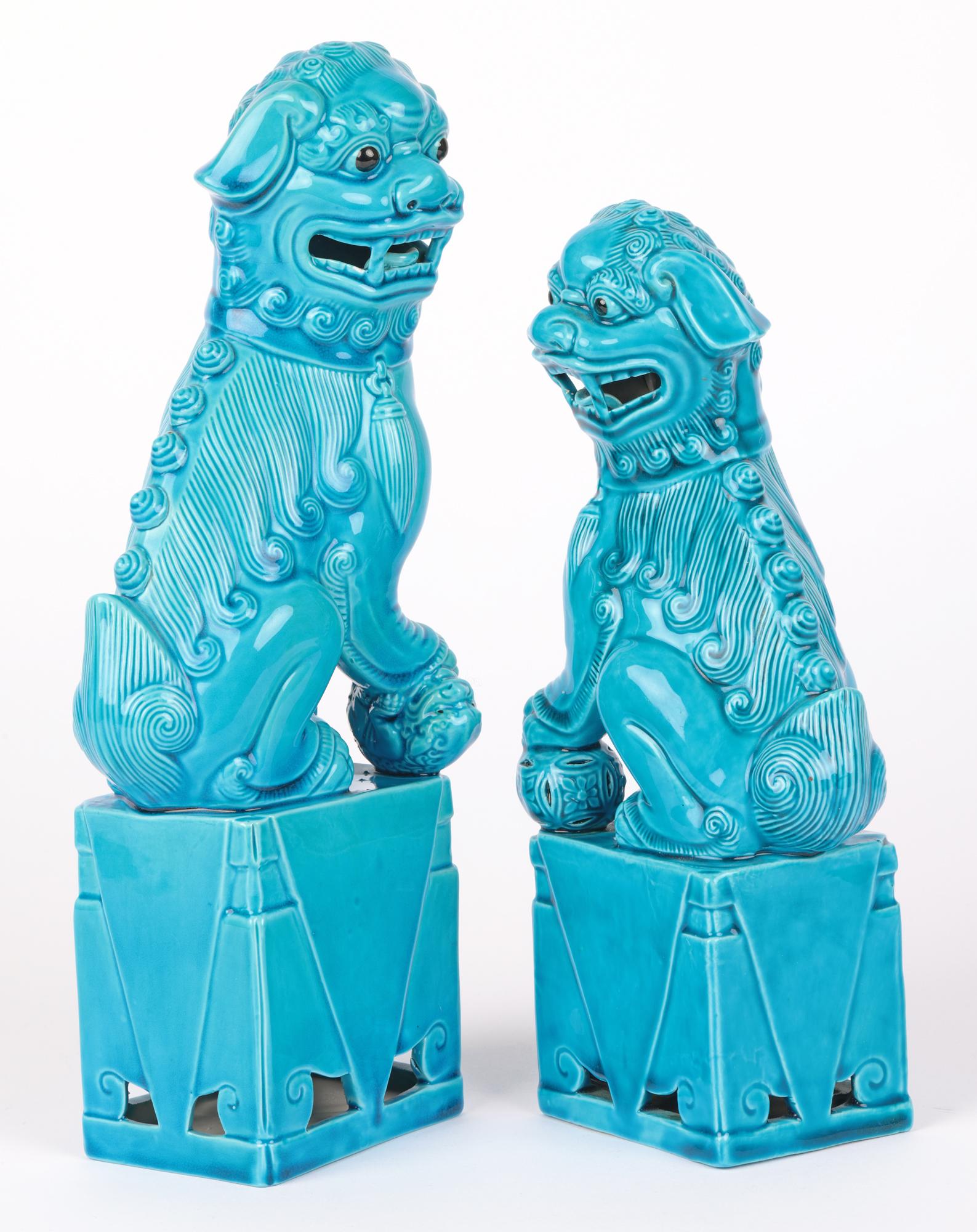 Chinese Graduated Pair Turquoise Glazed Porcelain Mounted Foo Dogs For Sale 5