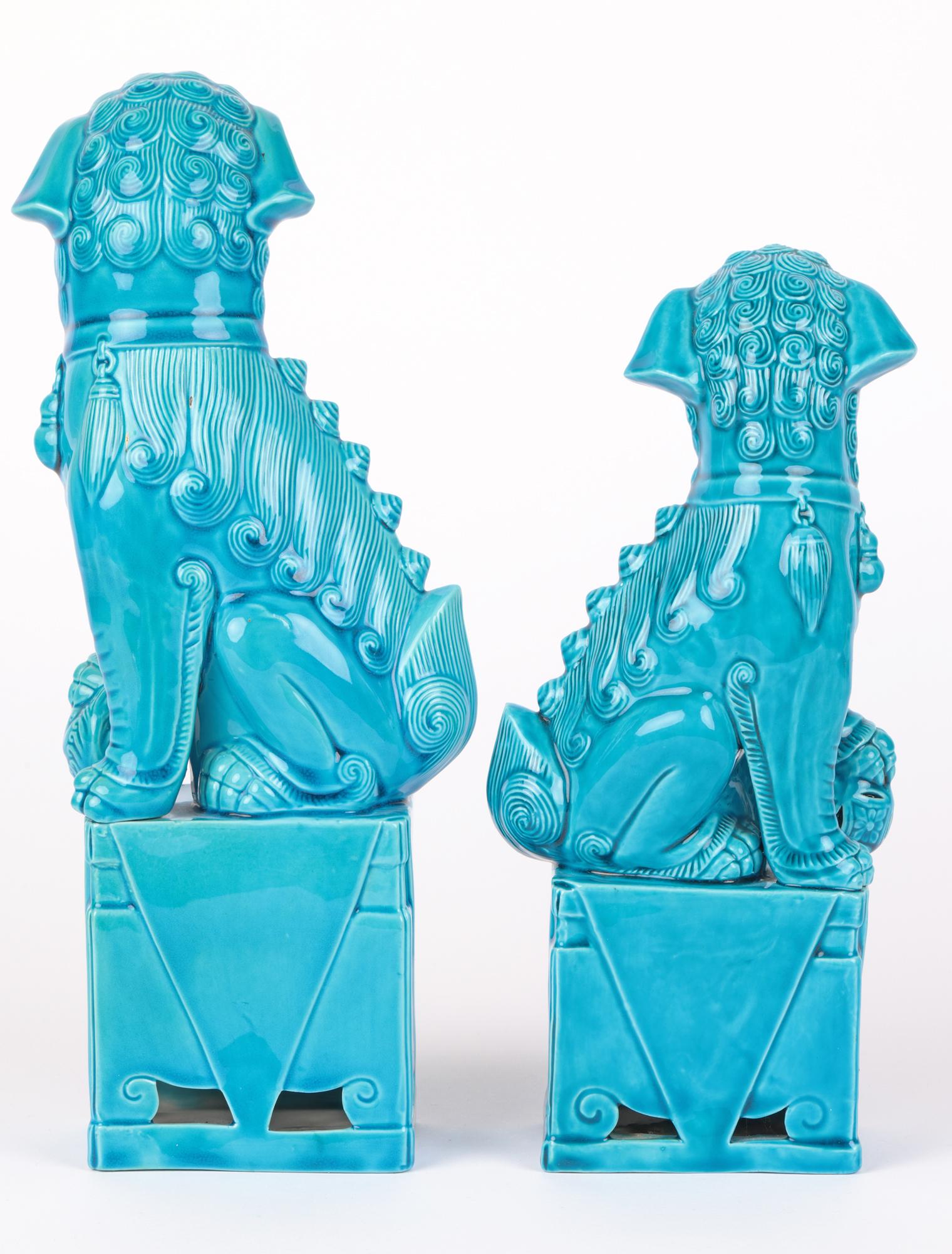 Chinese Graduated Pair Turquoise Glazed Porcelain Mounted Foo Dogs For Sale 7