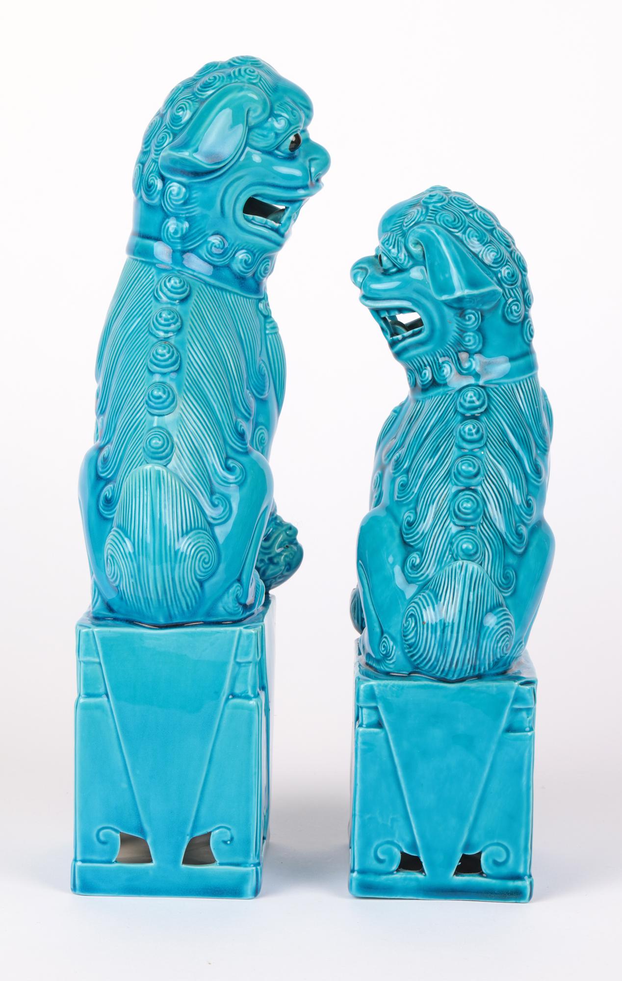 Chinese Graduated Pair Turquoise Glazed Porcelain Mounted Foo Dogs For Sale 8