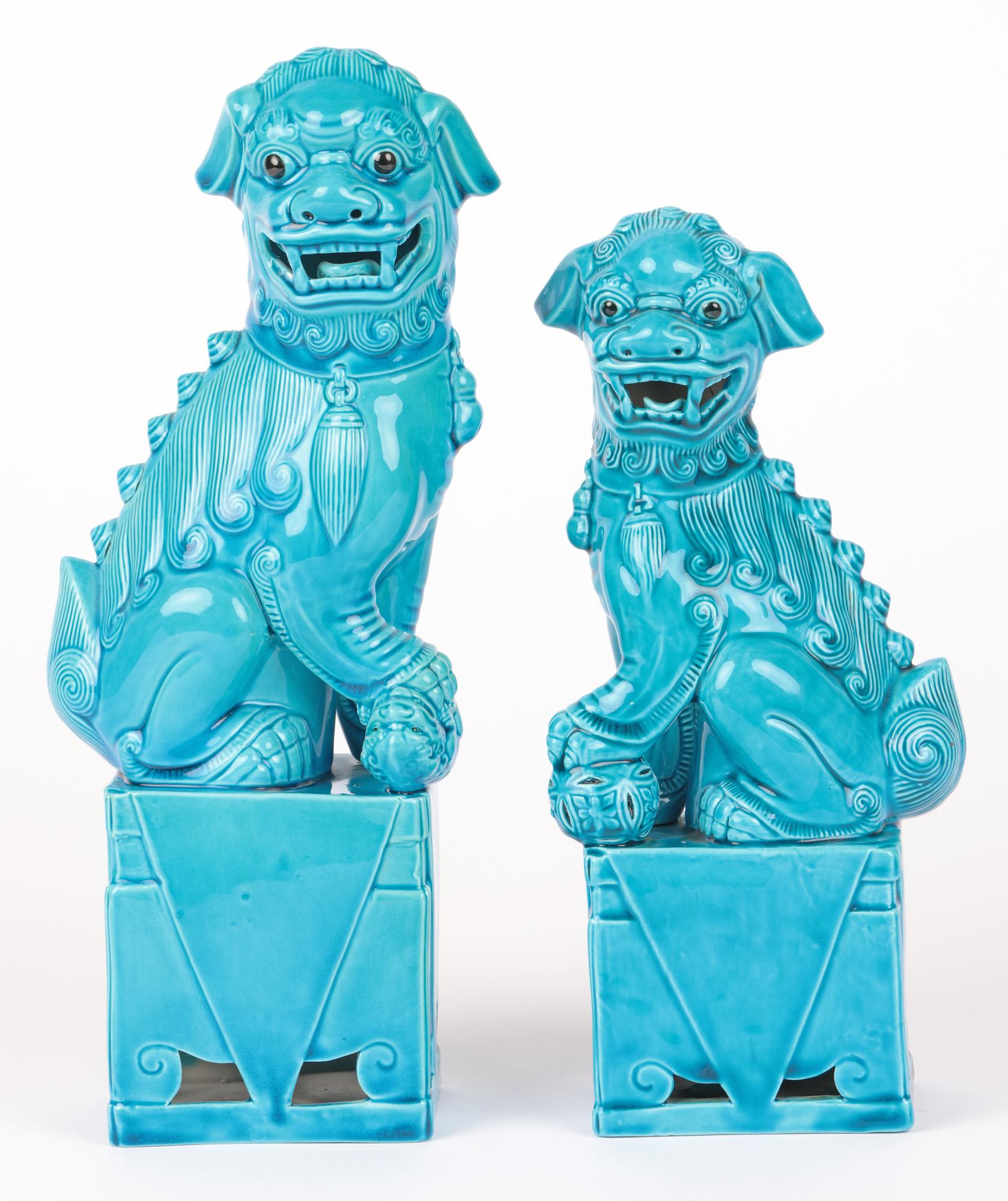 Chinese Graduated Pair Turquoise Glazed Porcelain Mounted Foo Dogs For Sale 10