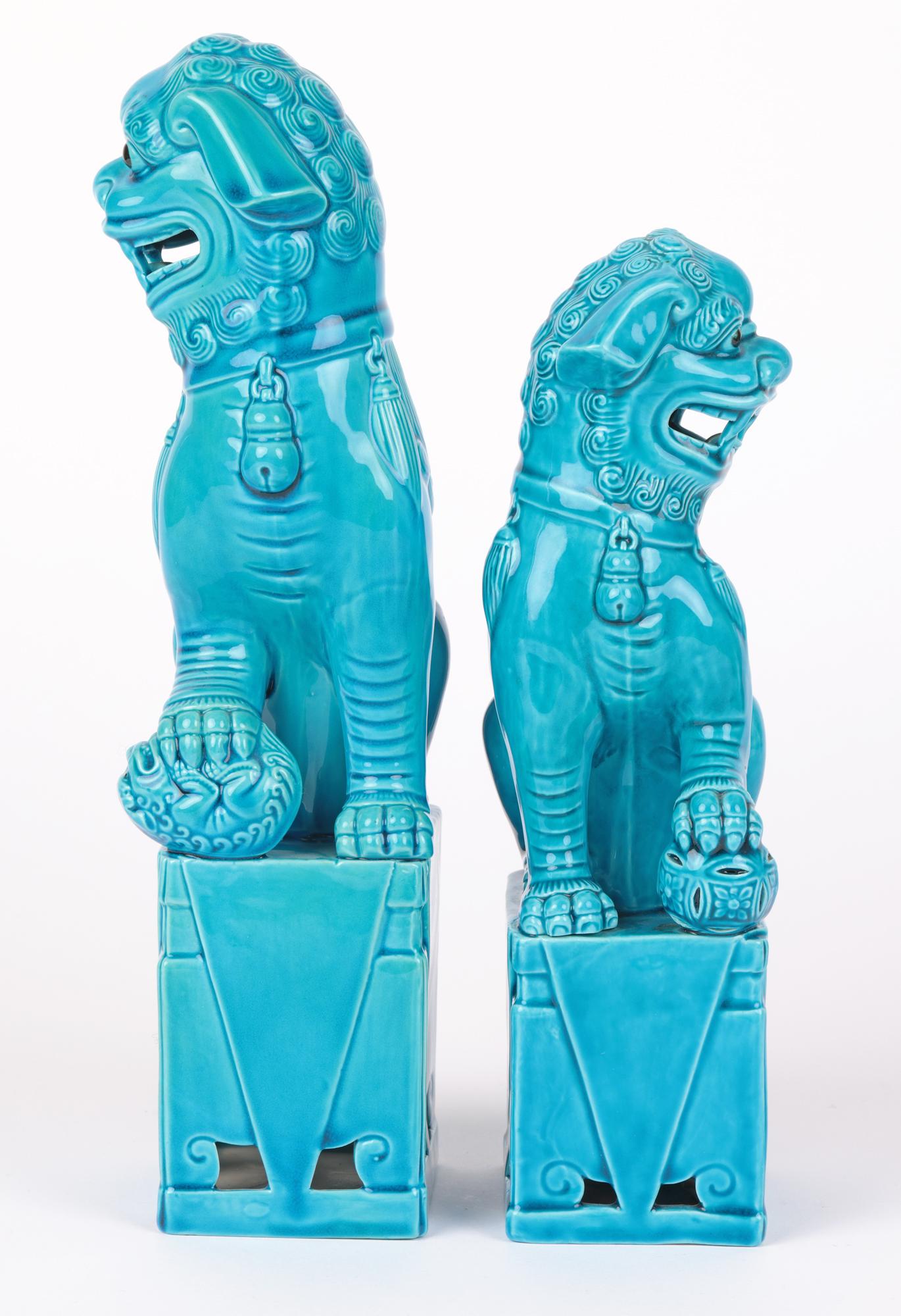 Chinese Graduated Pair Turquoise Glazed Porcelain Mounted Foo Dogs For Sale 11