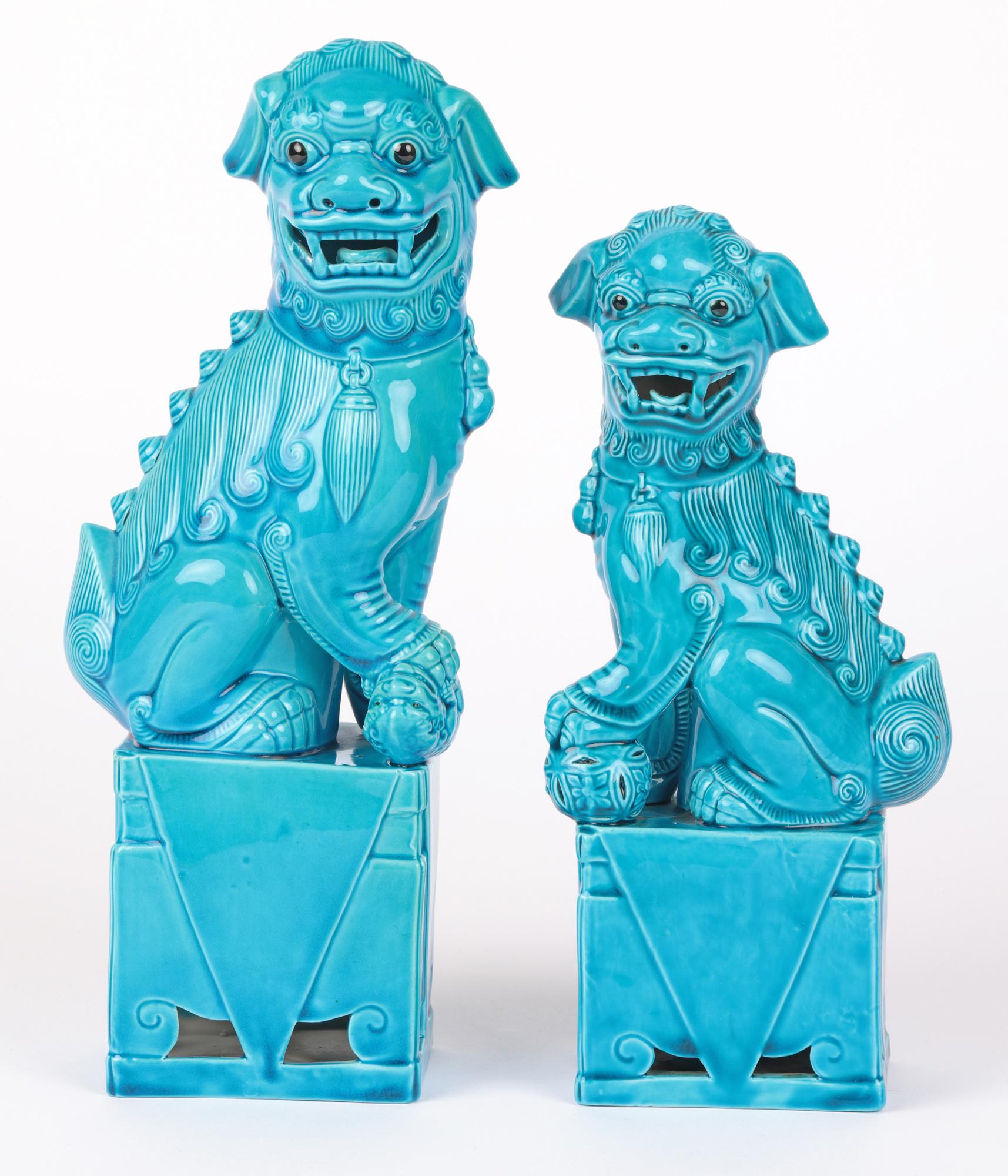 Chinese Graduated Pair Turquoise Glazed Porcelain Mounted Foo Dogs For Sale 13