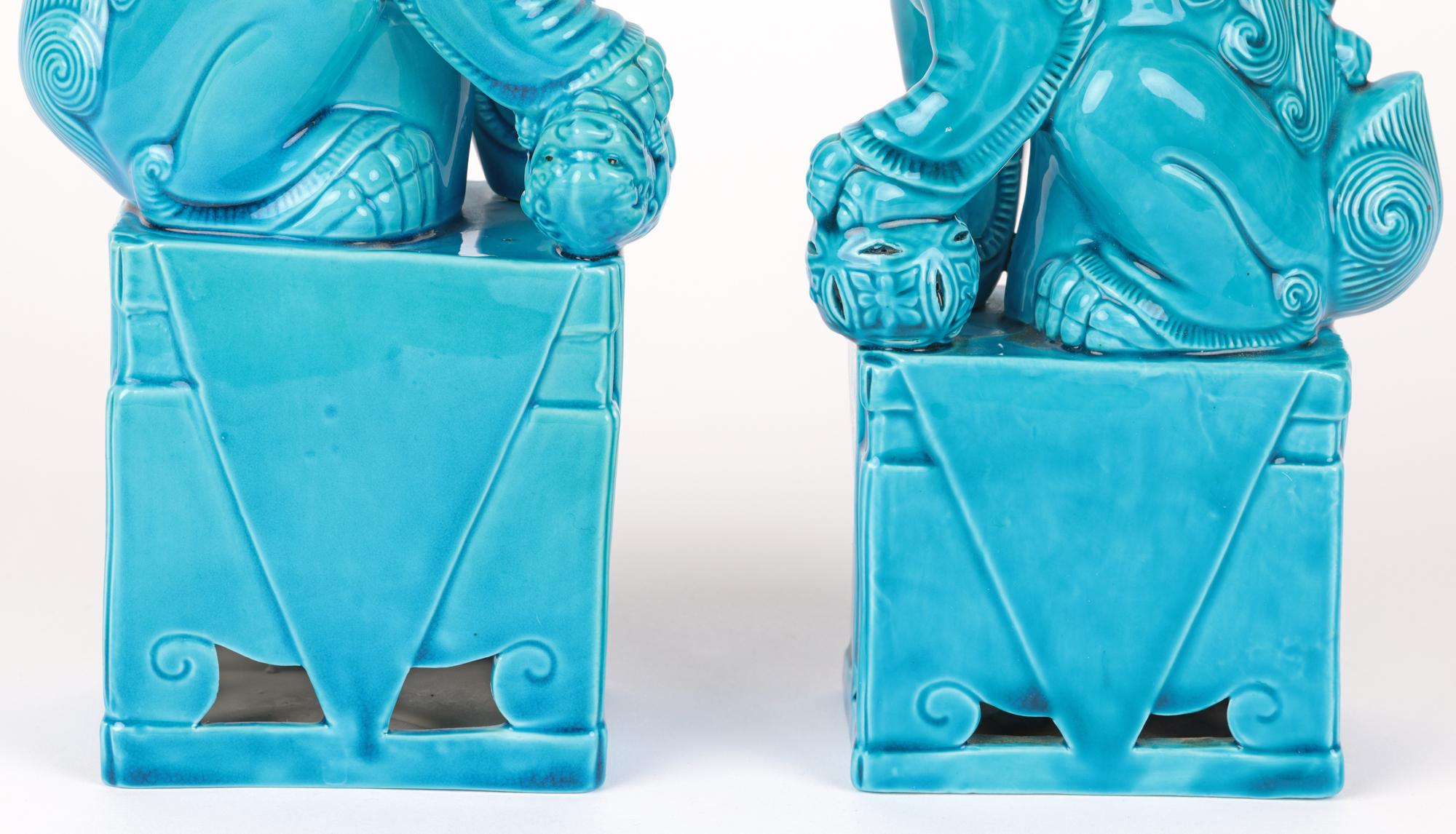 Chinese Graduated Pair Turquoise Glazed Porcelain Mounted Foo Dogs In Good Condition For Sale In Bishop's Stortford, Hertfordshire
