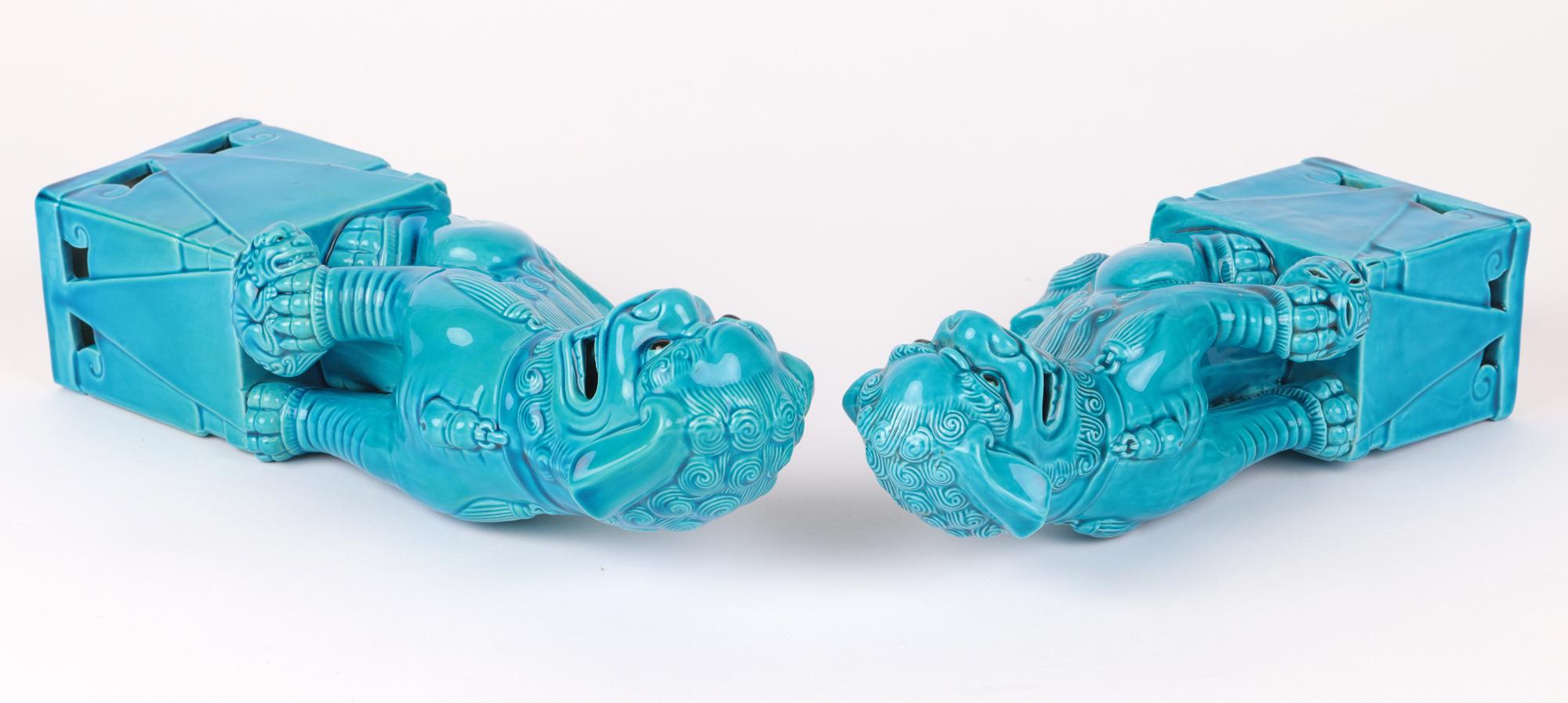 Chinese Graduated Pair Turquoise Glazed Porcelain Mounted Foo Dogs For Sale 1