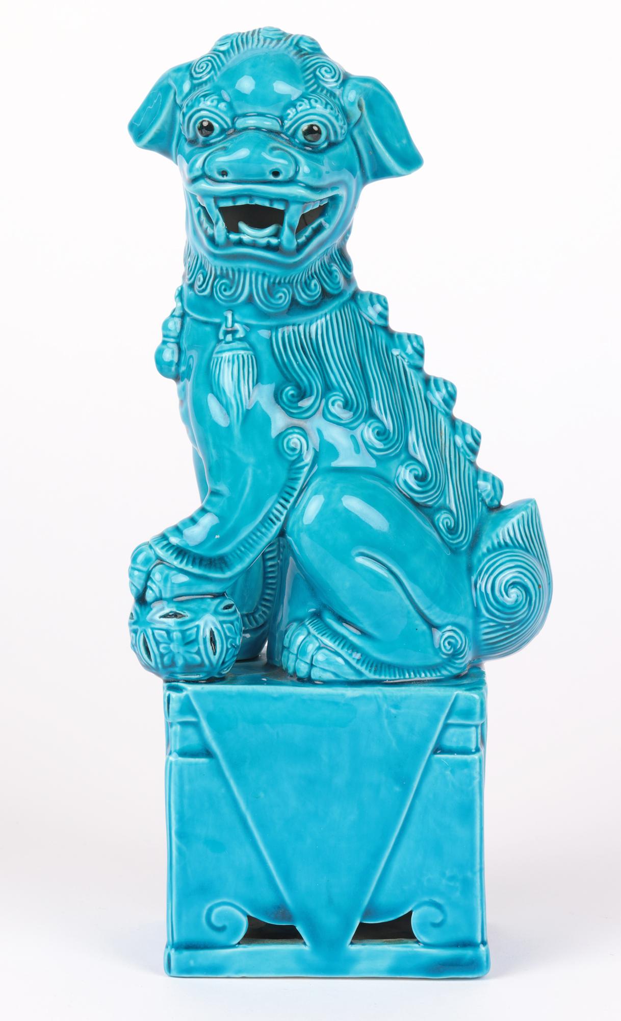 Chinese Graduated Pair Turquoise Glazed Porcelain Mounted Foo Dogs For Sale 2