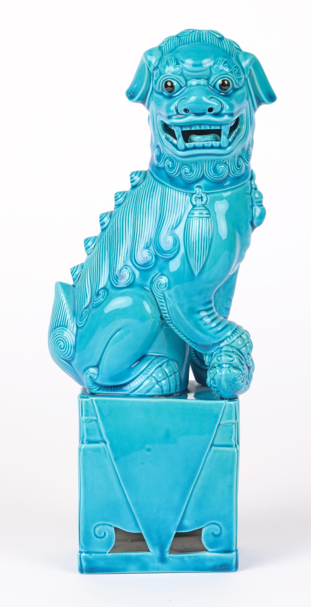 Chinese Graduated Pair Turquoise Glazed Porcelain Mounted Foo Dogs For Sale 4