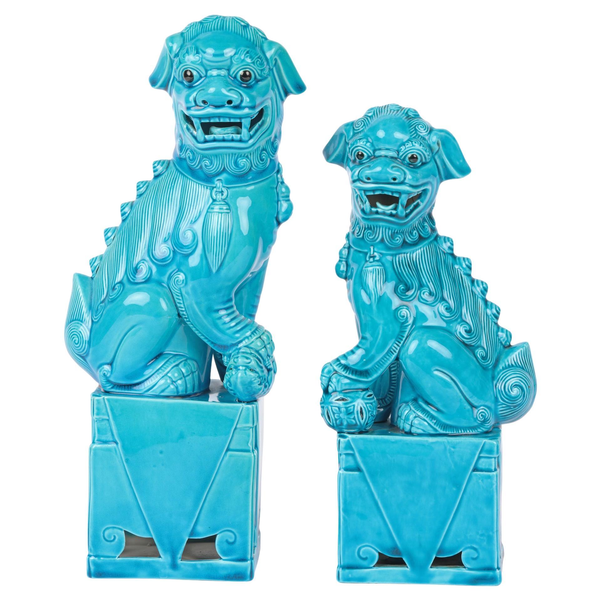 Chinese Graduated Pair Turquoise Glazed Porcelain Mounted Foo Dogs For Sale