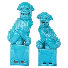 Vintage Chinese Graduated Pair Turquoise Glazed Porcelain Mounted Foo Dogs