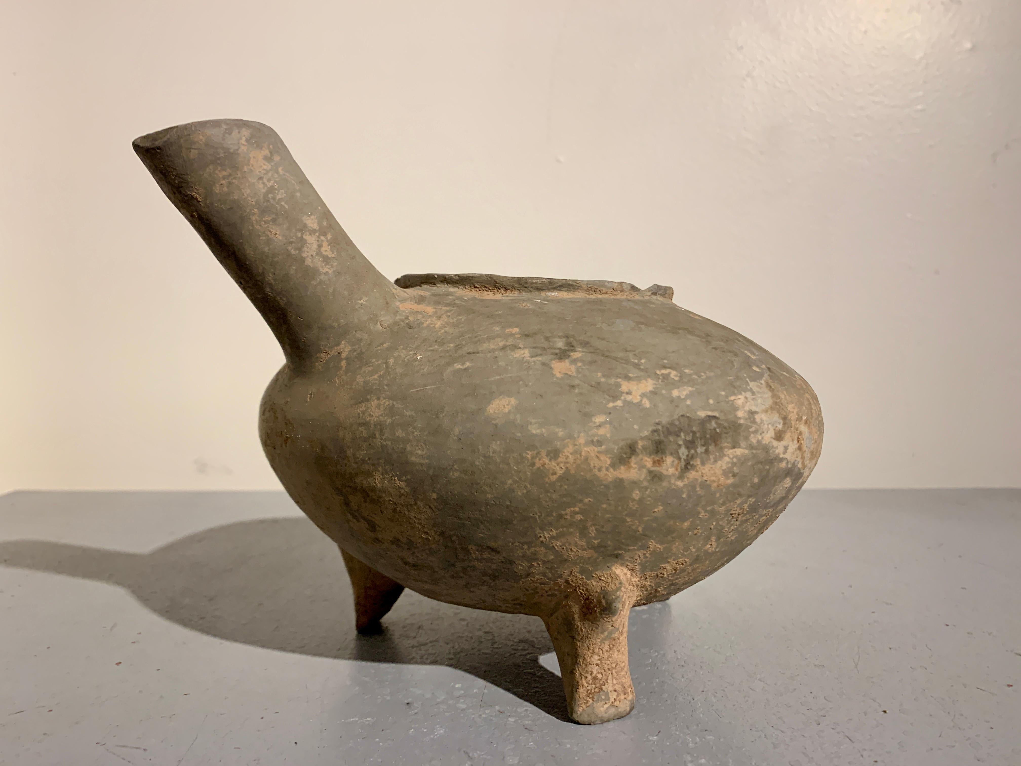 Fired Chinese Gray Potter Tripod Pouring Vessel, He, Warring States Period, China