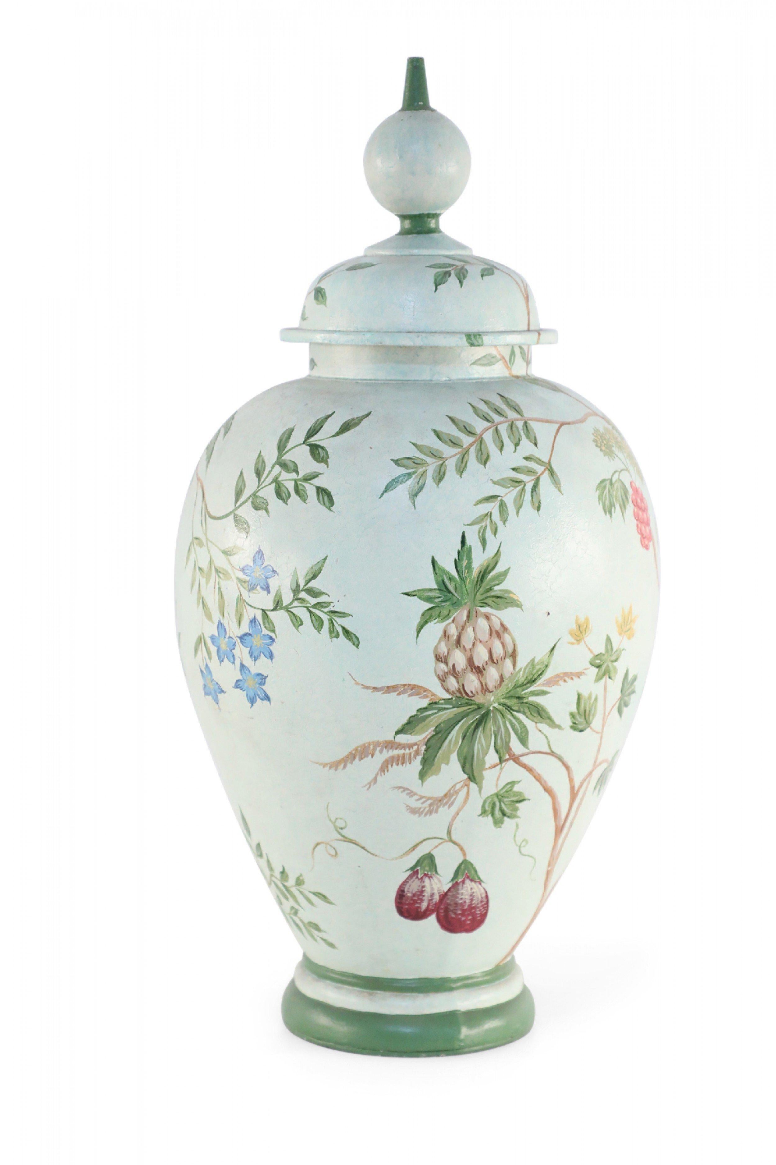 Chinese Export Chinese Green and Botanical Hand-Made Tole Lidded Urn For Sale