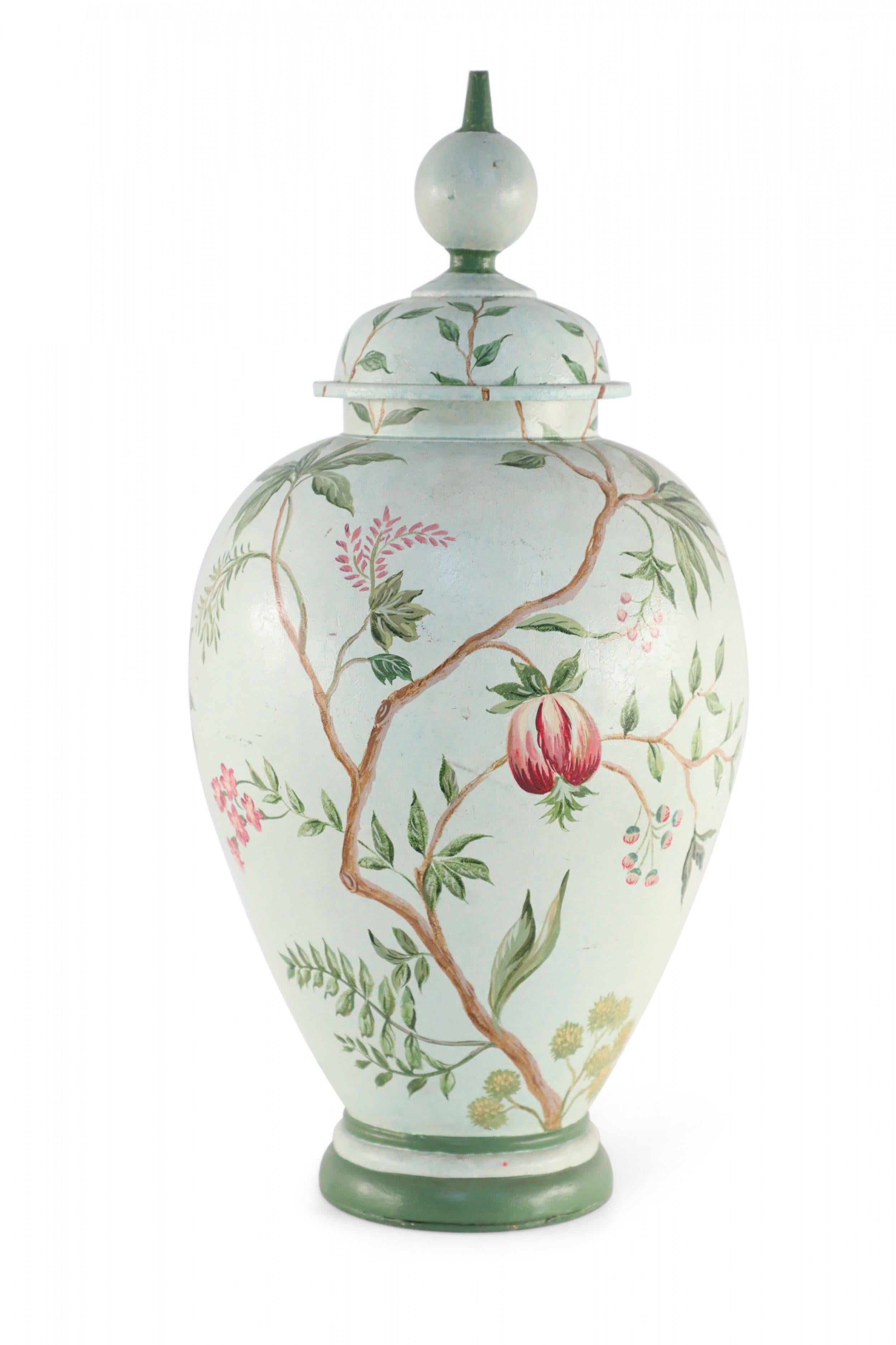 Chinese Green and Botanical Hand-Made Tole Lidded Urn In Good Condition For Sale In New York, NY