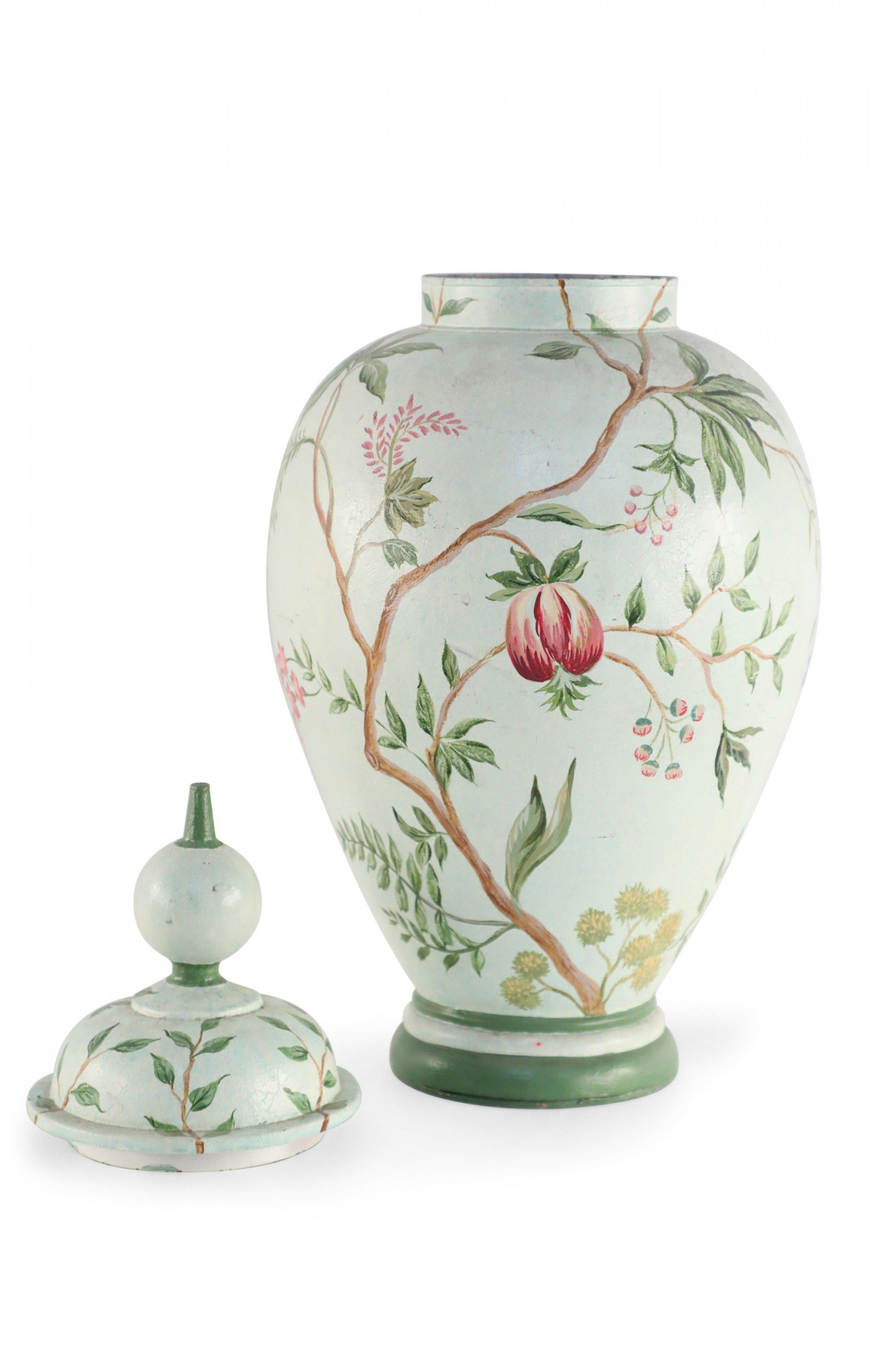 20th Century Chinese Green and Botanical Hand-Made Tole Lidded Urn For Sale