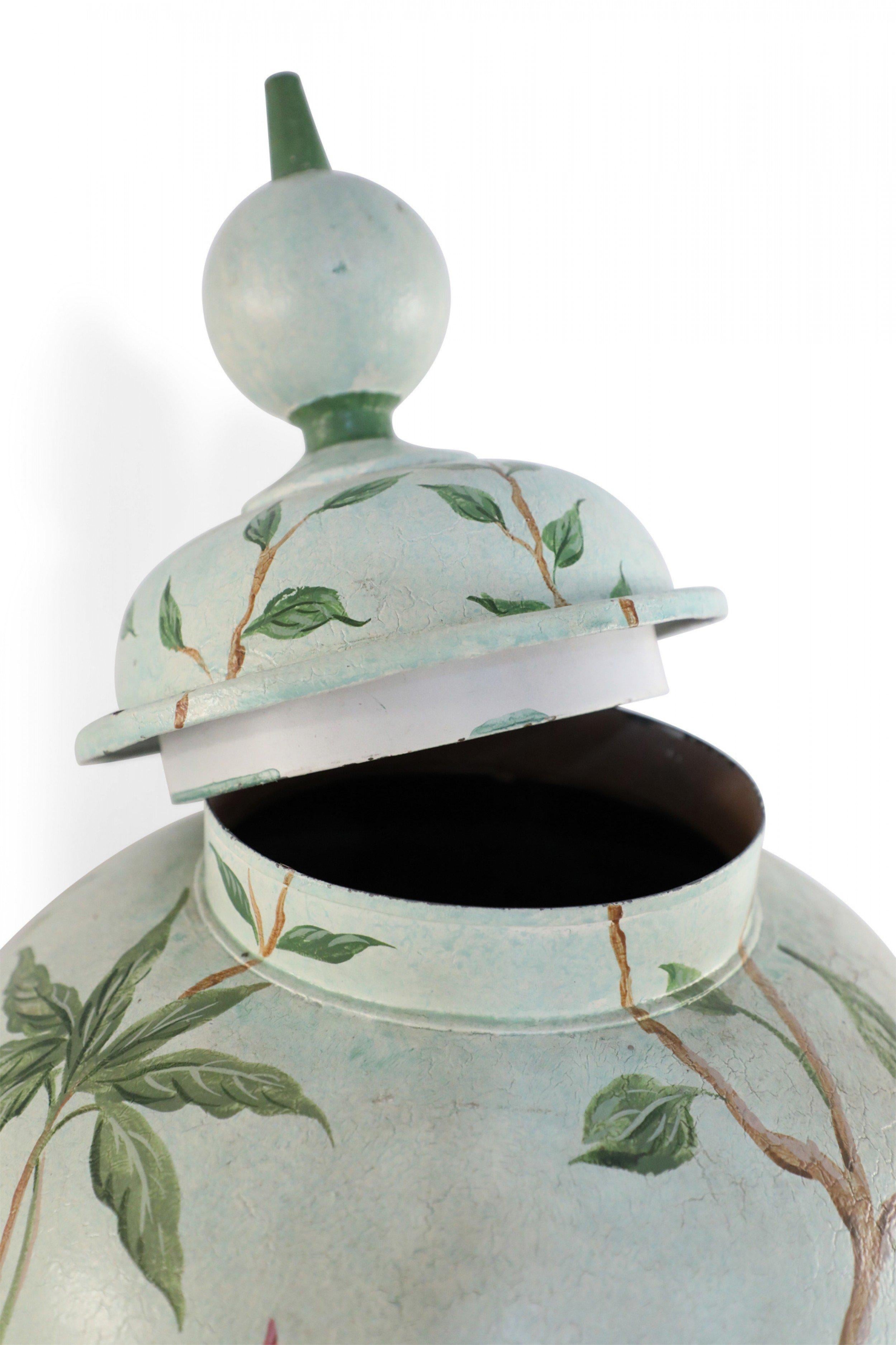 Chinese Green and Botanical Hand-Made Tole Lidded Urn For Sale 1