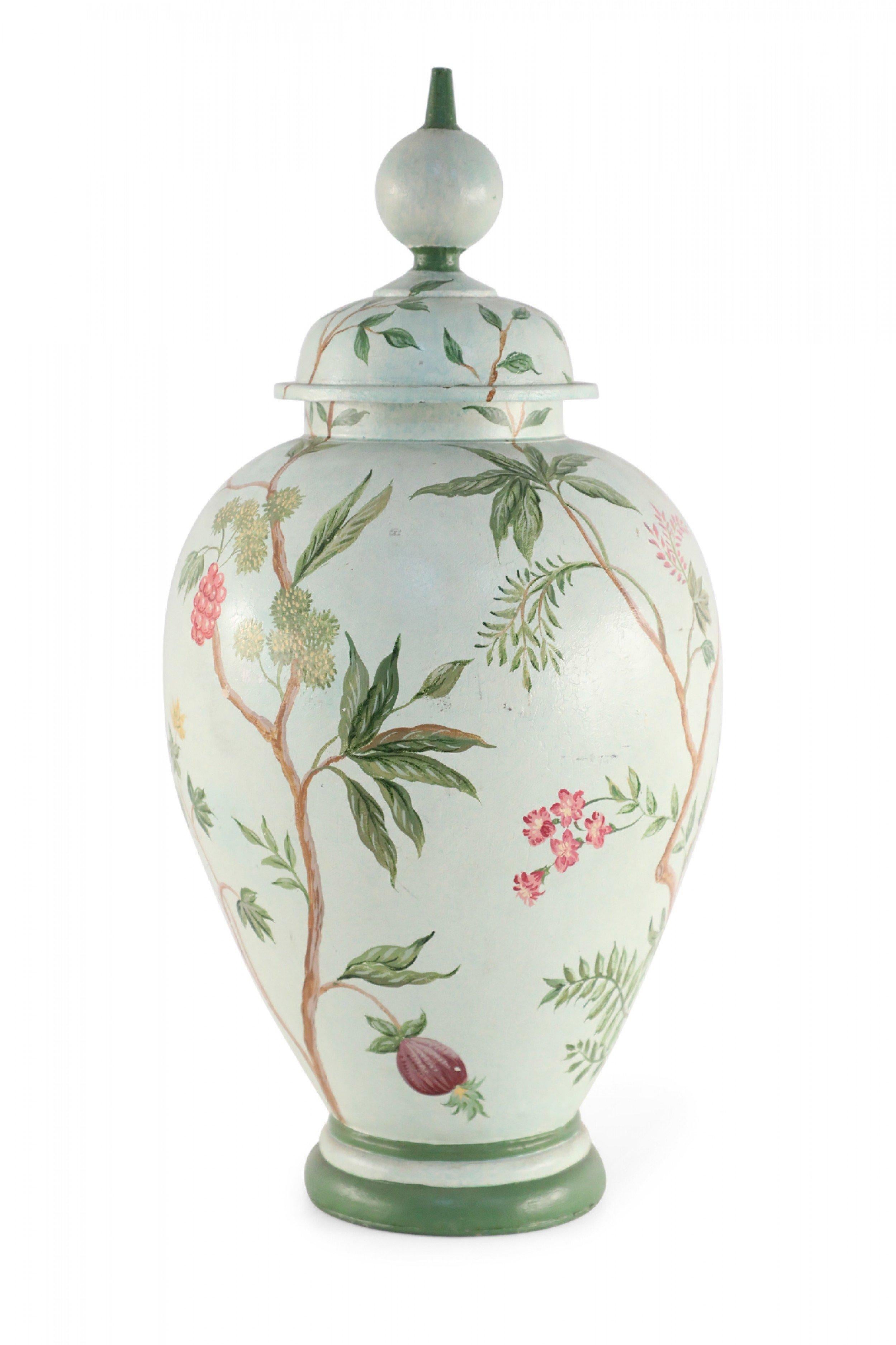 Chinese Green and Botanical Hand-Made Tole Lidded Urn For Sale 2