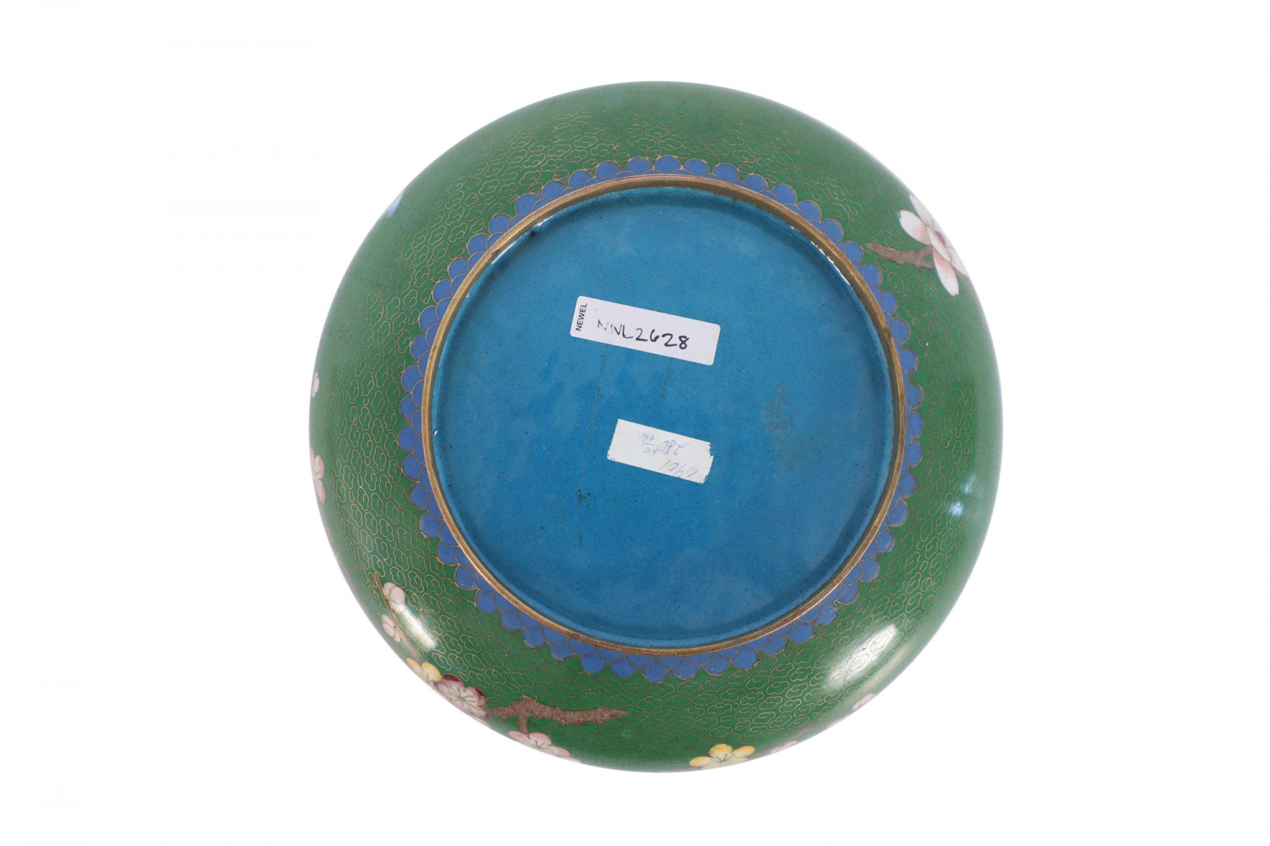 Chinese Green and Cherry Blossom Cloissone Bowl For Sale 4