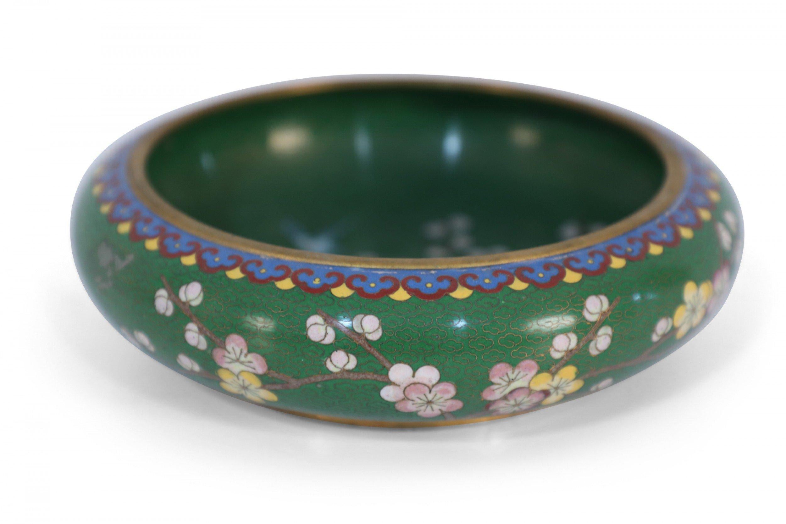 Metal Chinese Green and Cherry Blossom Cloissone Bowl For Sale