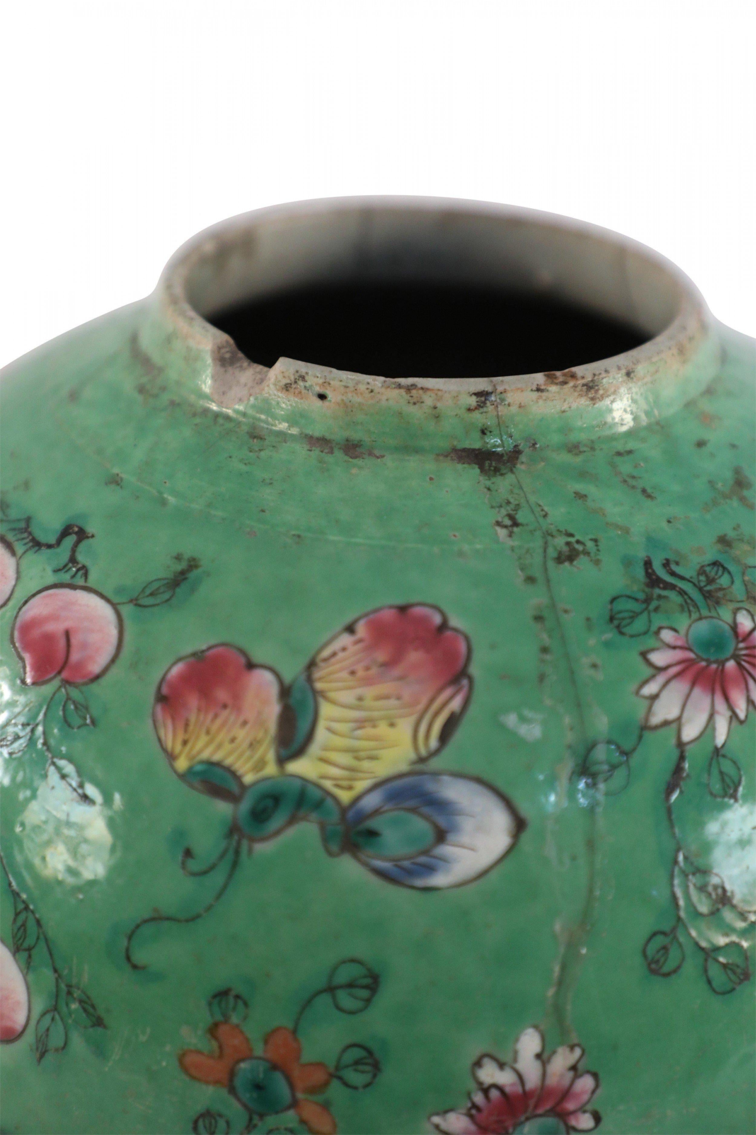 Chinese Green and Floral Porcelain Watermelon Jar 4