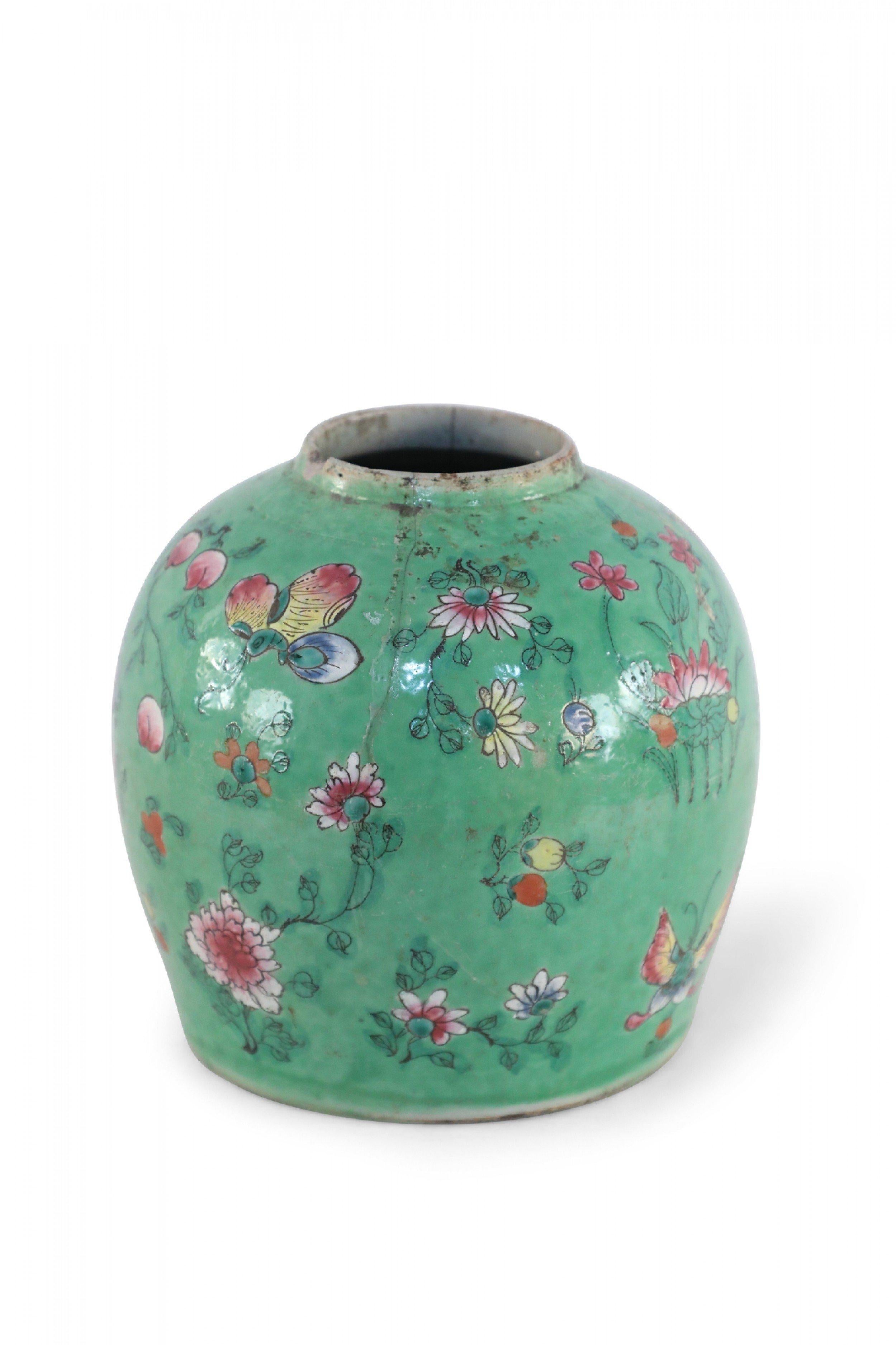 Chinese Green and Floral Porcelain Watermelon Jar 1