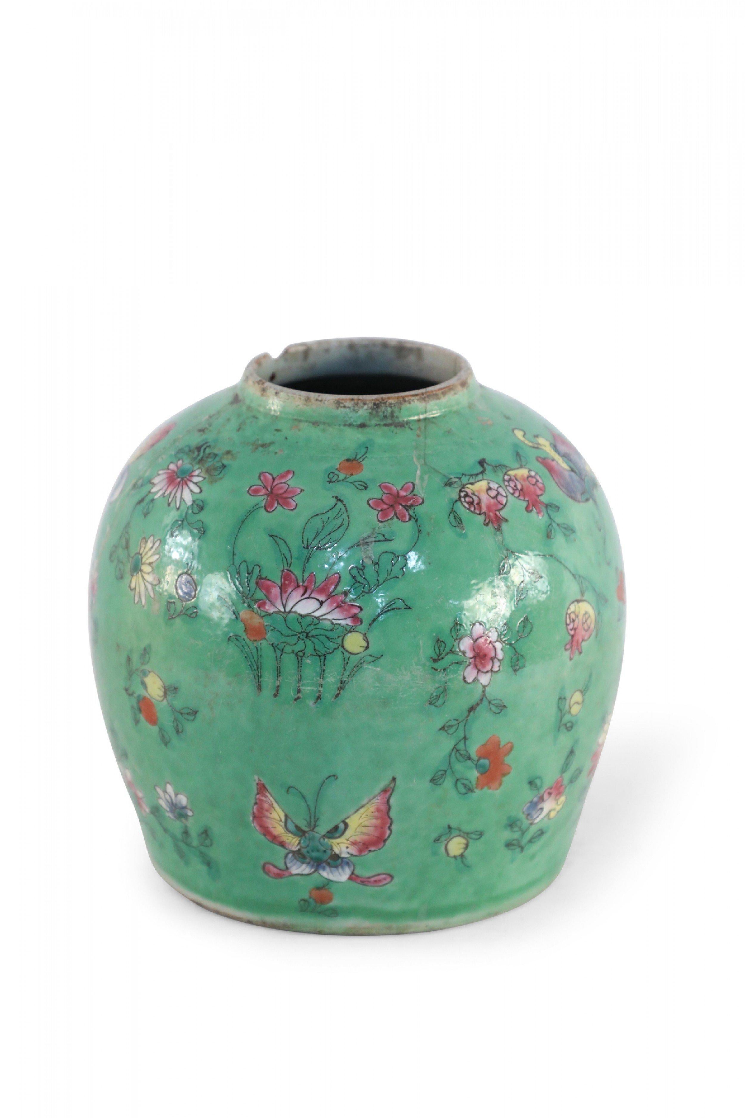 Chinese Green and Floral Porcelain Watermelon Jar 2