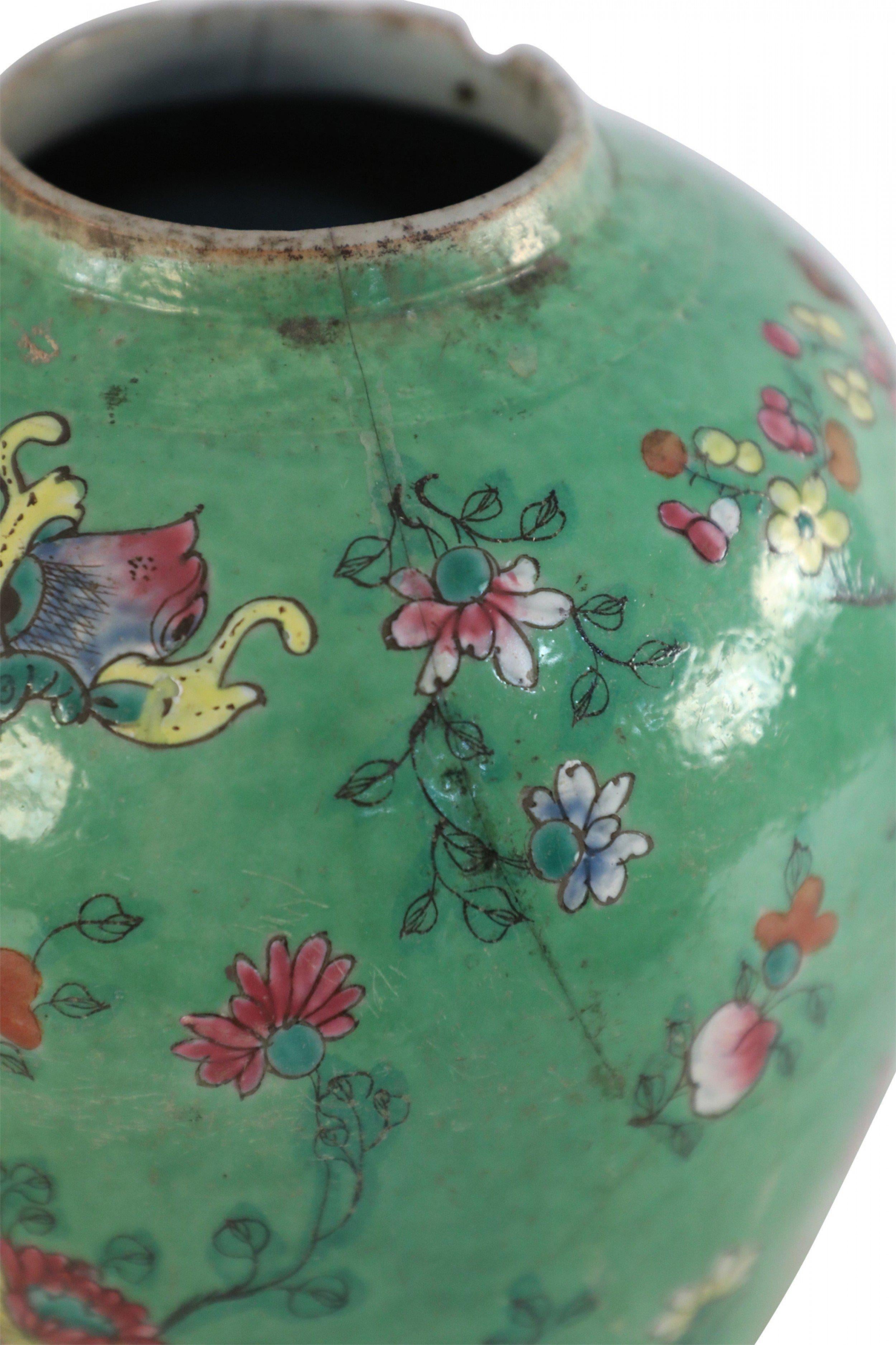 Chinese Green and Floral Porcelain Watermelon Jar 3