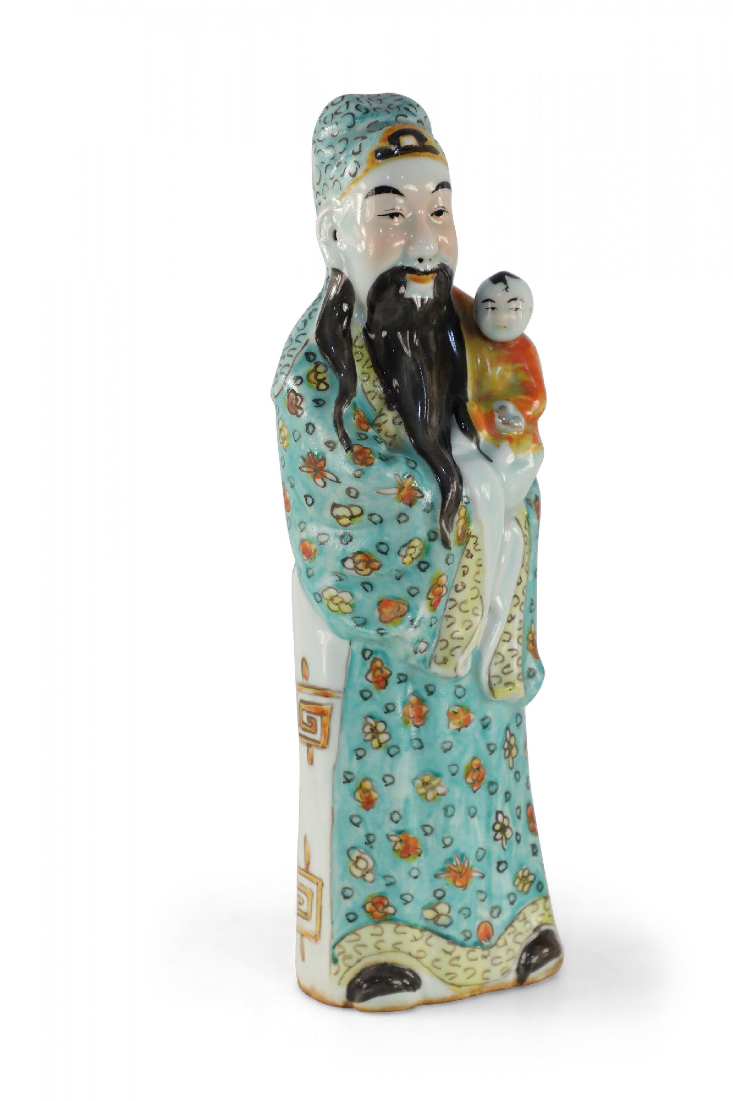 Chinese Green and Orange Lu Xing Wealth and Prosperity Deific Porcelain Figurine For Sale 2