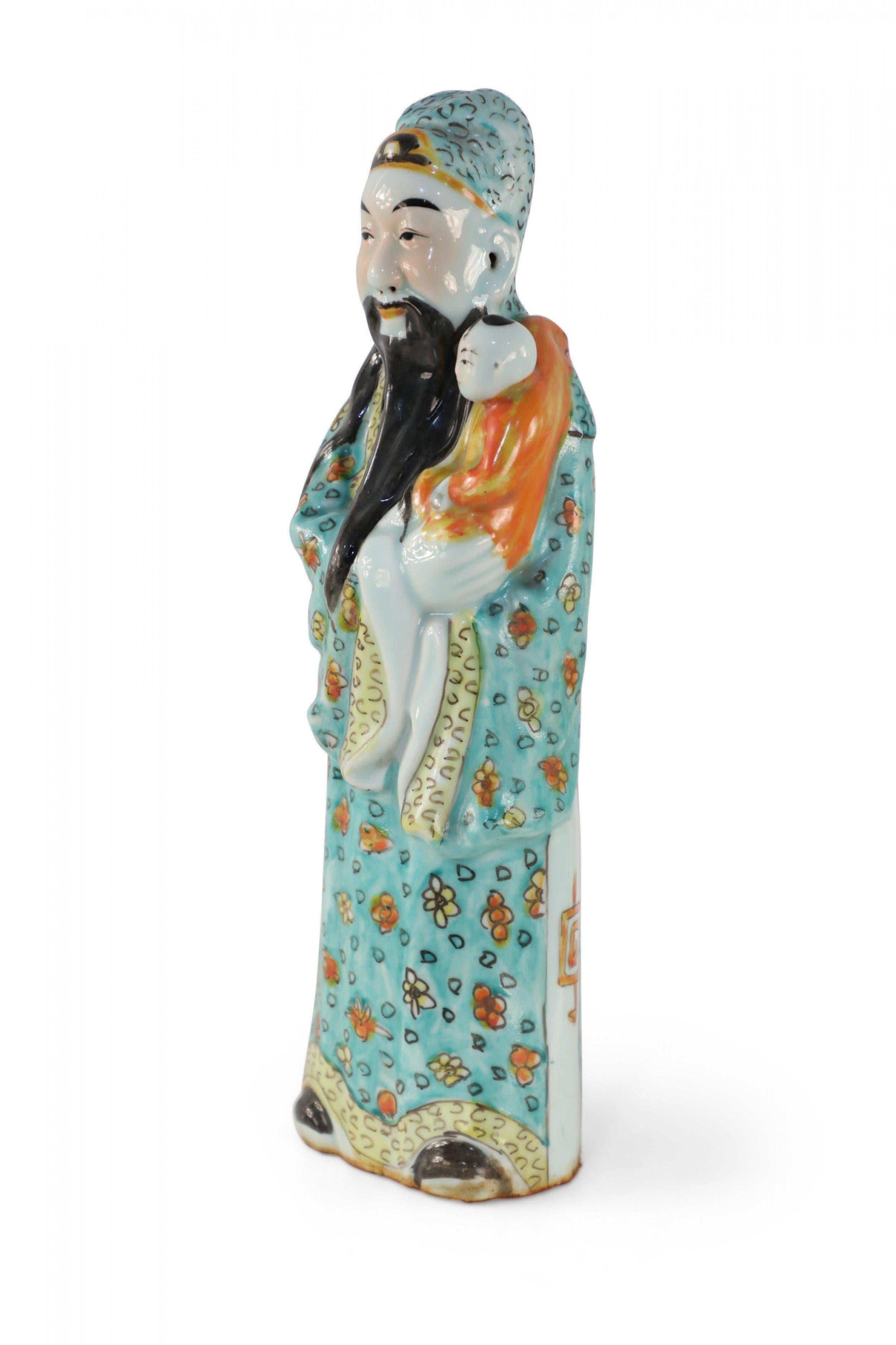 20th Century Chinese Green and Orange Lu Xing Wealth and Prosperity Deific Porcelain Figurine For Sale