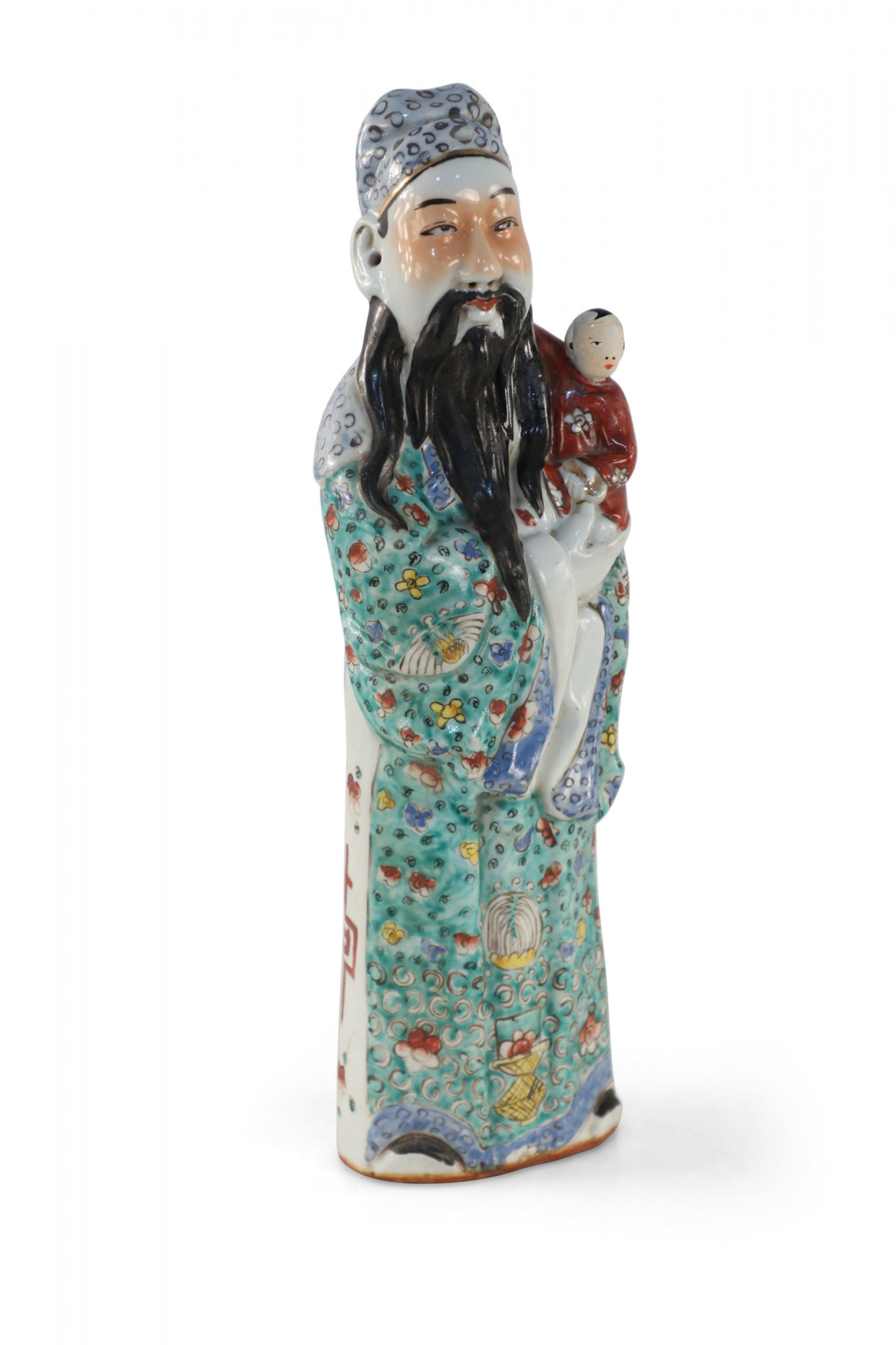 Chinese Green and Red Lu Xing Wealth and Prosperity Deific Porcelain Figurine In Good Condition For Sale In New York, NY