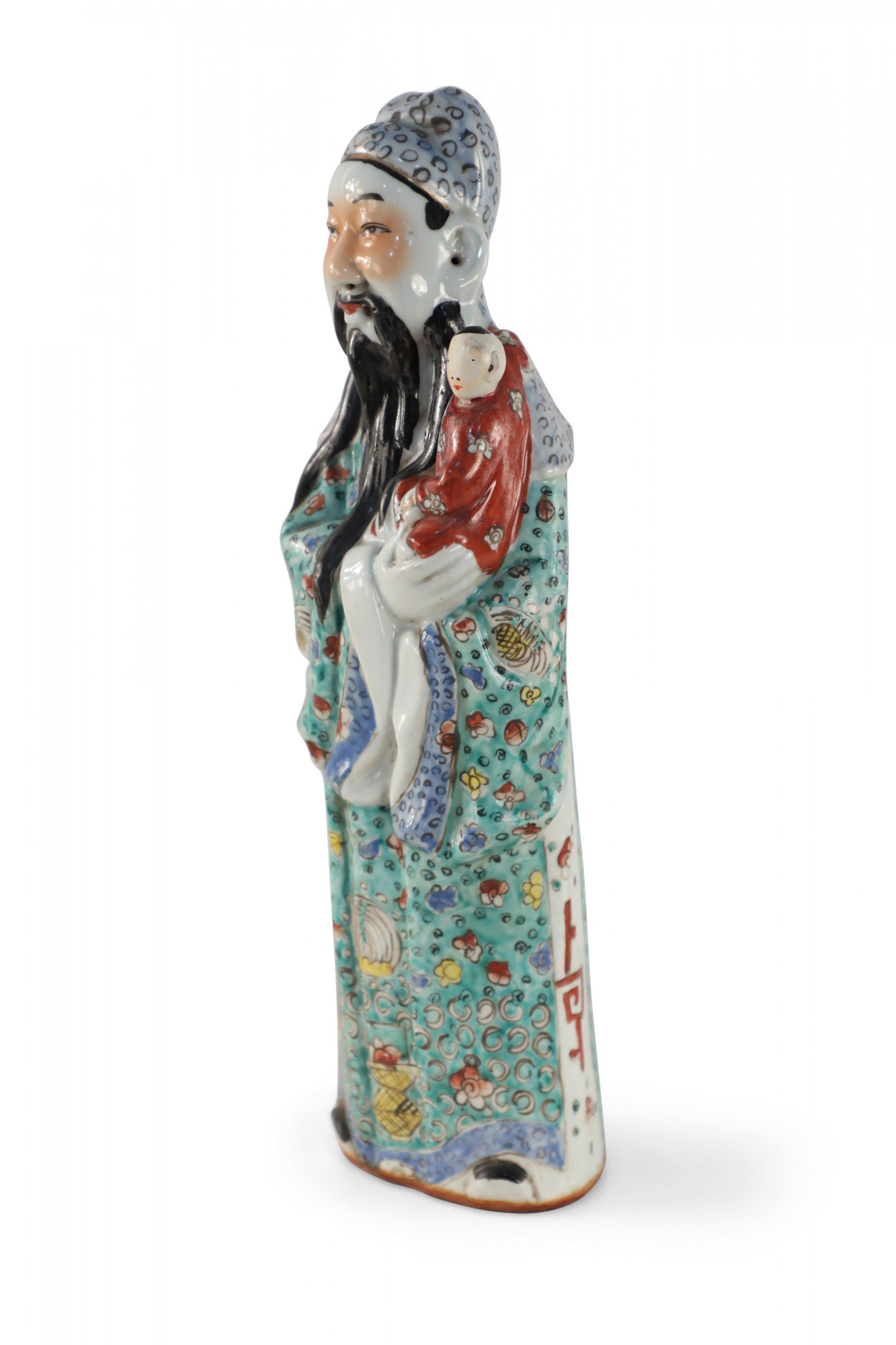20th Century Chinese Green and Red Lu Xing Wealth and Prosperity Deific Porcelain Figurine For Sale