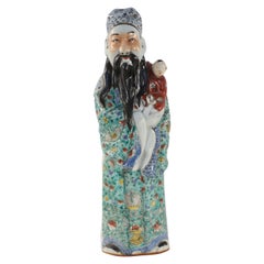 Chinese Green and Red Lu Xing Wealth and Prosperity Deific Porcelain Figurine