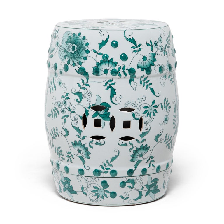 Chinese Green and White Ceramic Drum Stool at 1stDibs