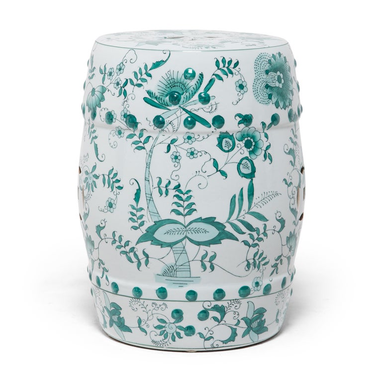 Chinese Green and White Ceramic Drum Stool at 1stDibs