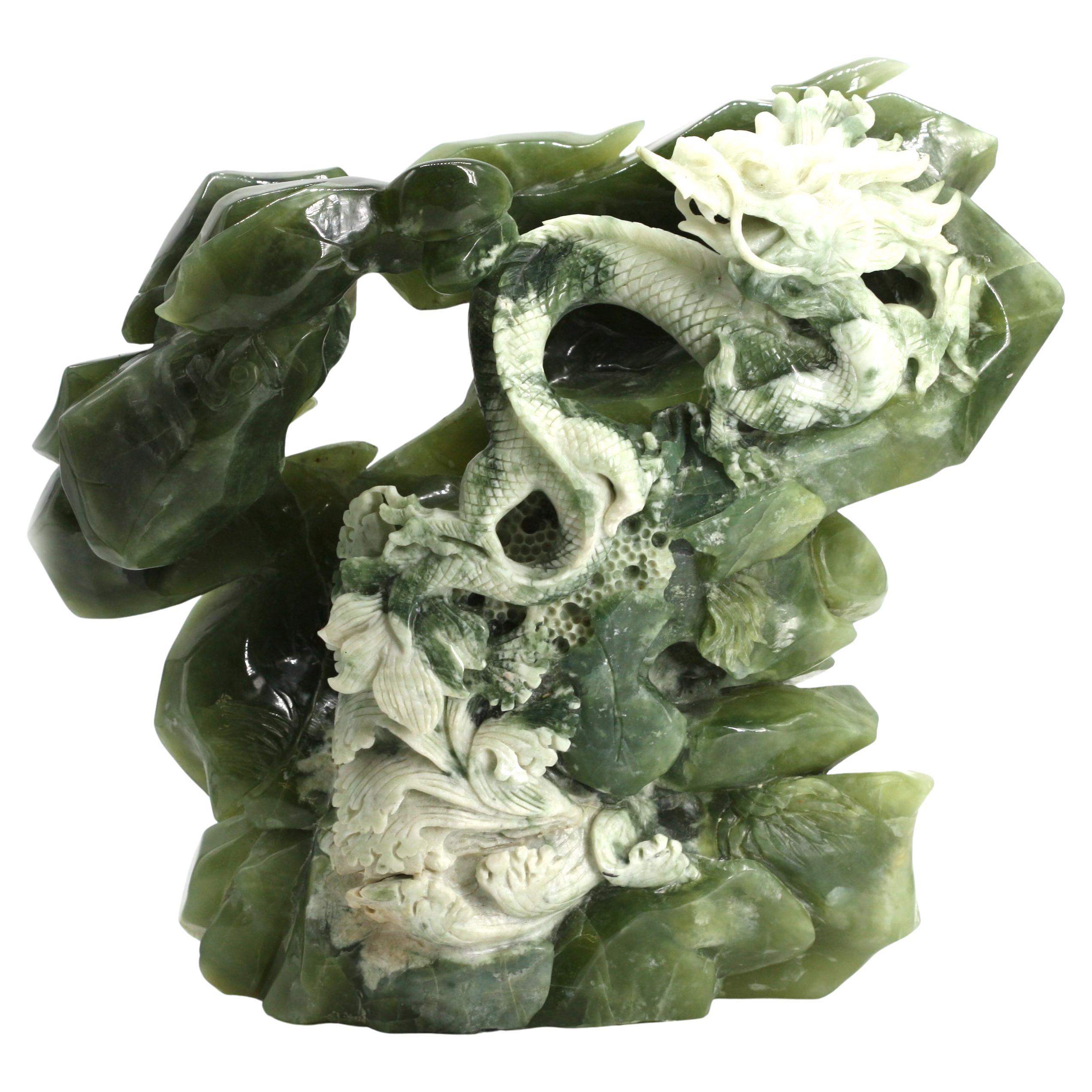 Chinese Green and White Mineral Carving of a Dragon