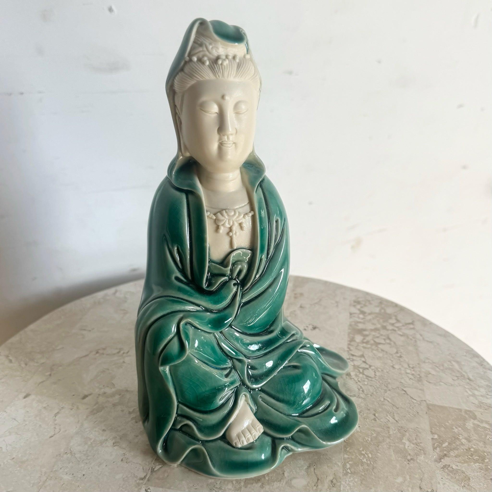 Elegant Chinese Green and White Quan Yin sculpture, featuring intricate detailing and serene design, perfect for refined decor.
 
 We sell items as acquired, without restoring or repairing. Vintage pieces may have age-related wear. Review photos
