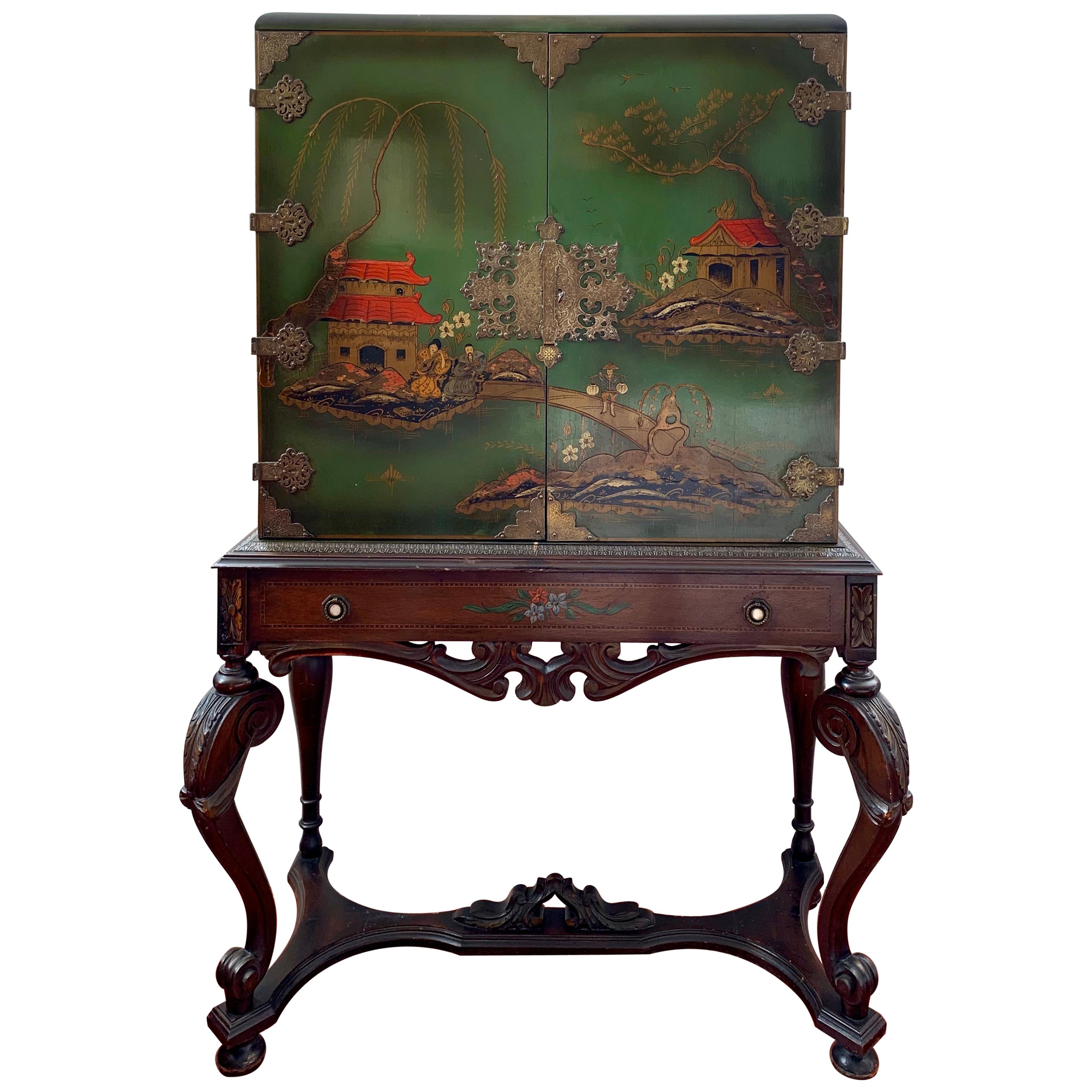 Chinese Green Chinoiserie Sideboard Cabinet Dry Bar on Carved Stand