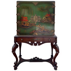 Antique Chinese Green Chinoiserie Sideboard Cabinet Dry Bar on Carved Stand