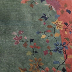Chinese Green Deco Carpet with Salmon Border