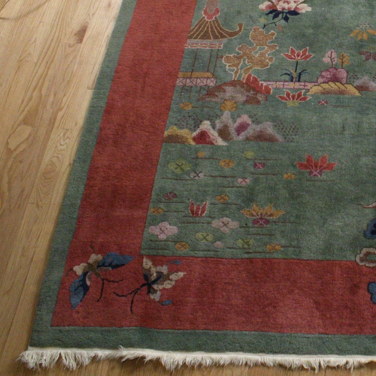 Vegetable Dyed Chinese Green Deco Carpet with Salmon Border For Sale