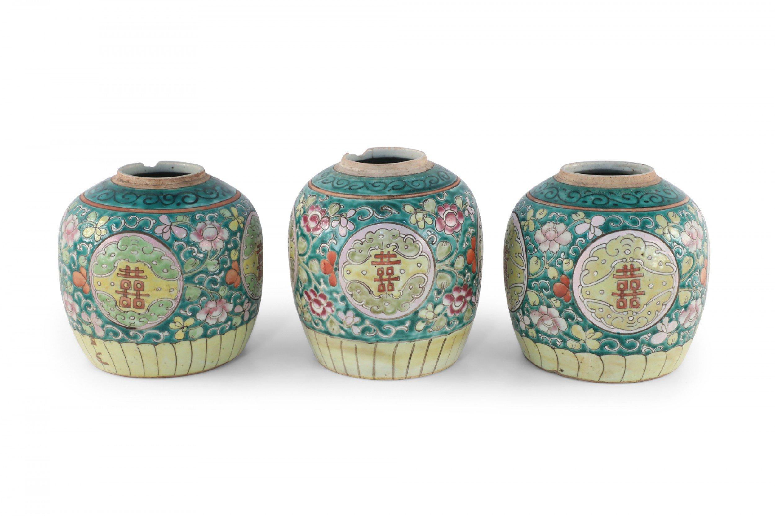 Chinese Export Chinese Green Floral Scrolling Design Ginger Jar Vases For Sale