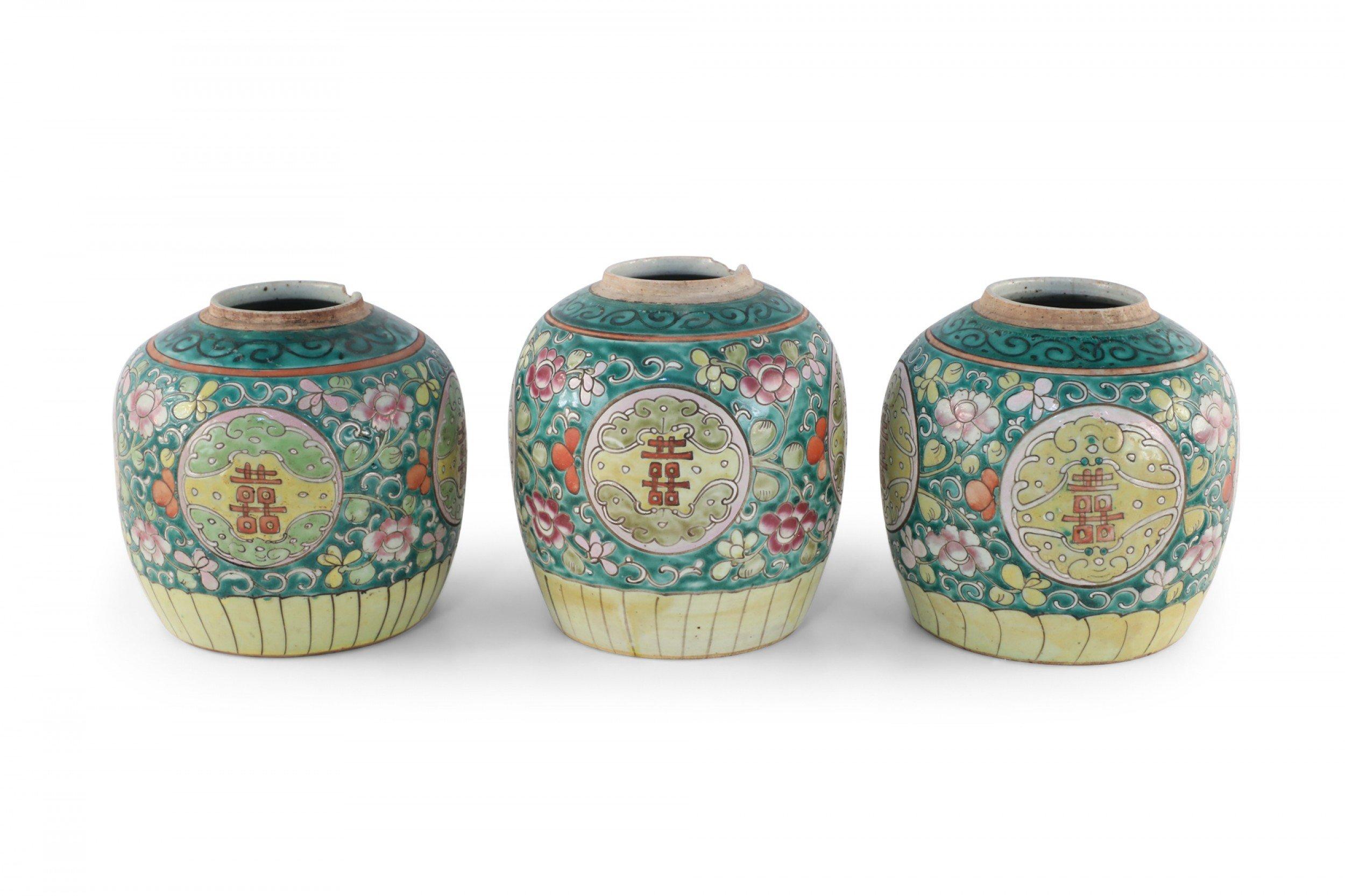 Chinese Green Floral Scrolling Design Ginger Jar Vases In Good Condition For Sale In New York, NY
