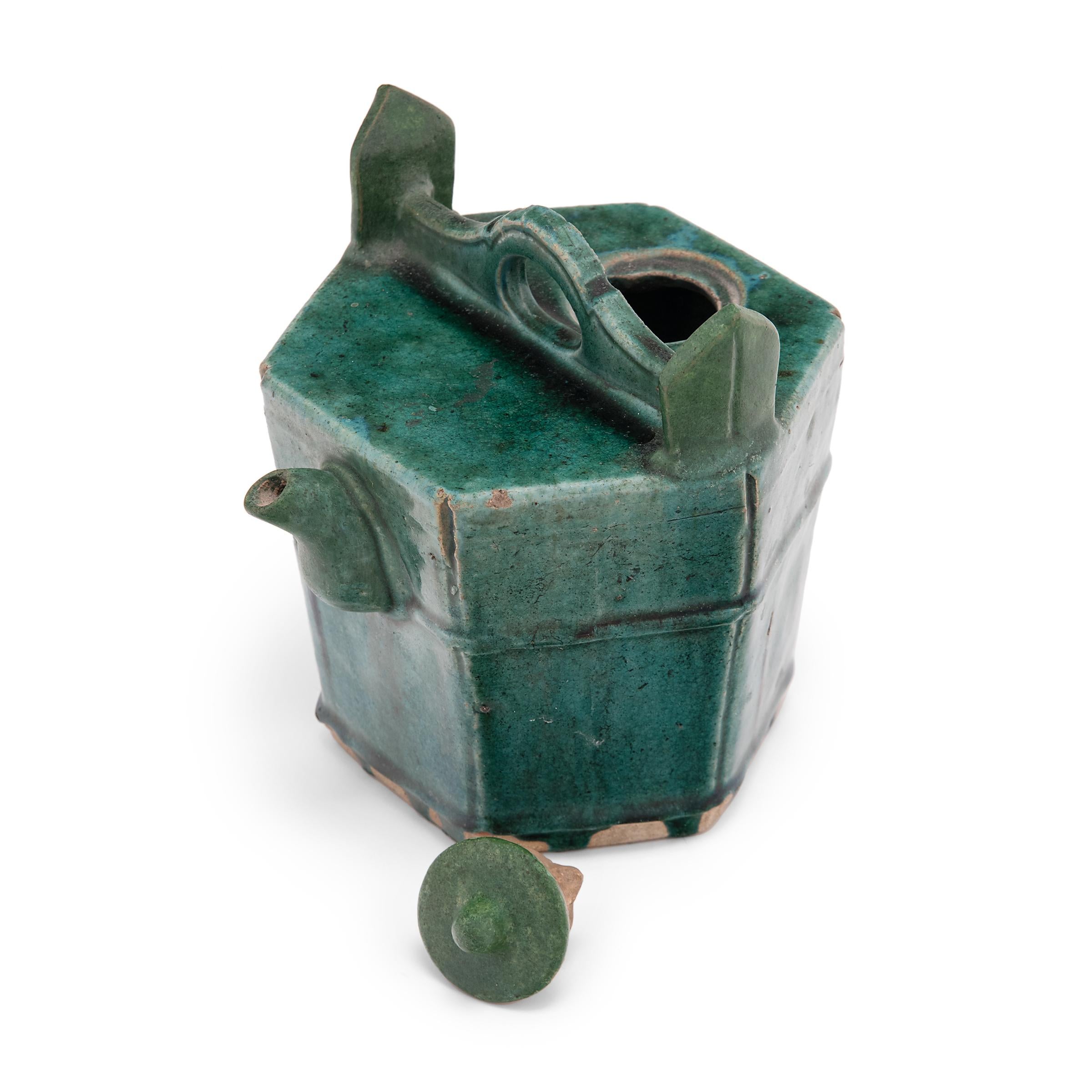 Stoneware Chinese Green Glazed Carrying Teapot, c. 1900